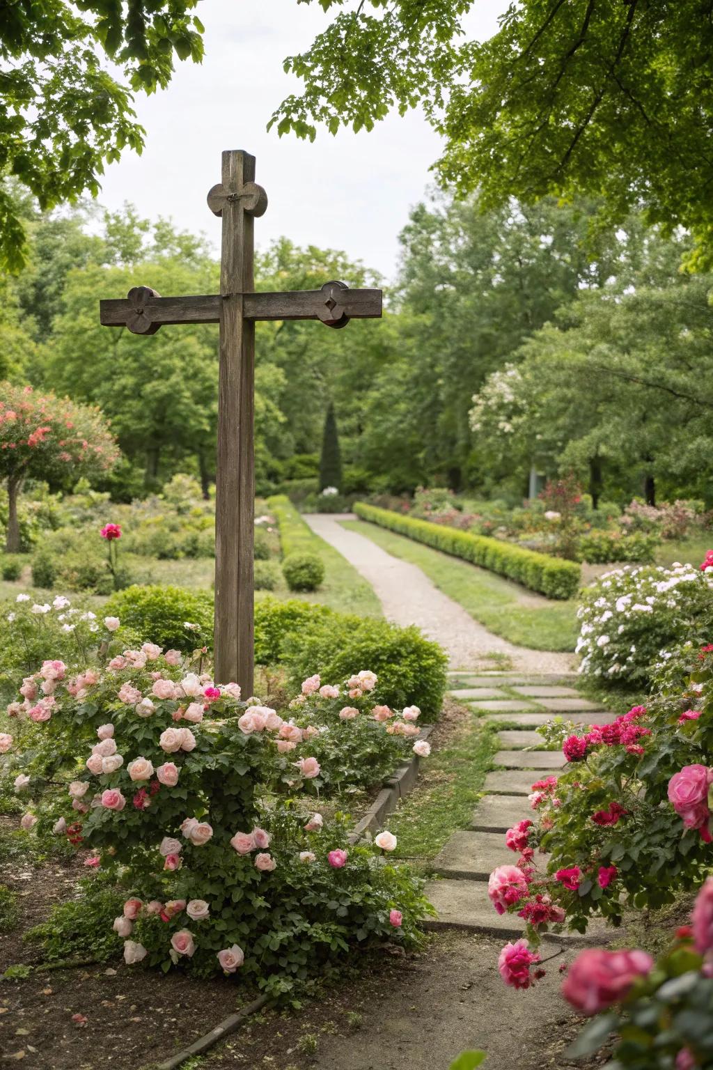 Garden cross surrounded by lush greenery