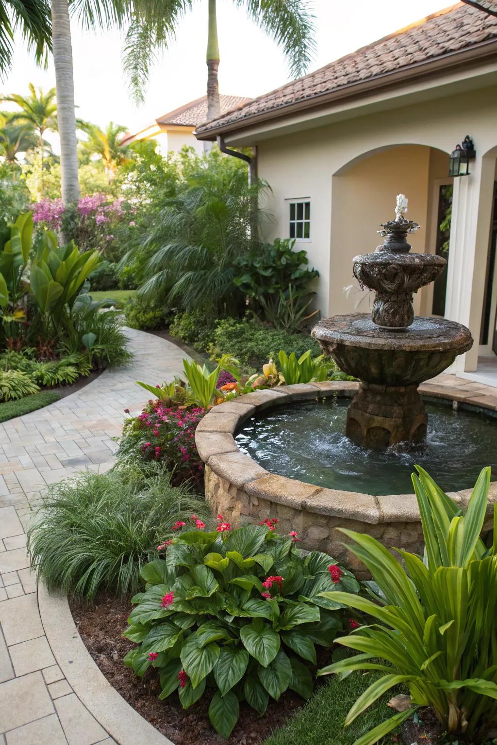 A water feature brings tranquility and visual interest.