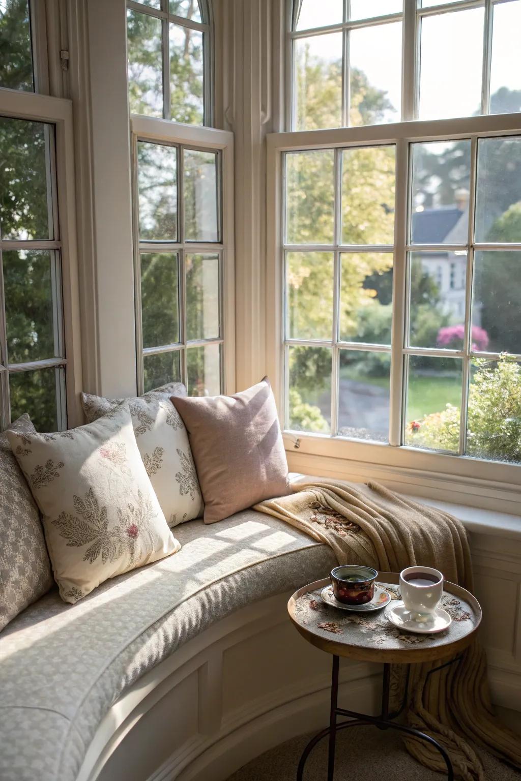 A tranquil relaxation corner in a curved bay window.