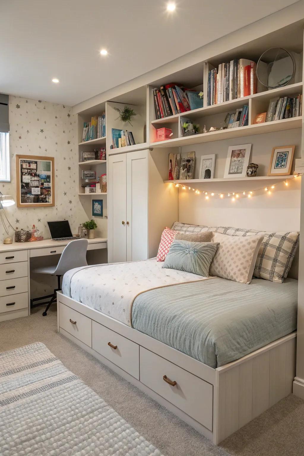 A practical teen room with functional furniture.