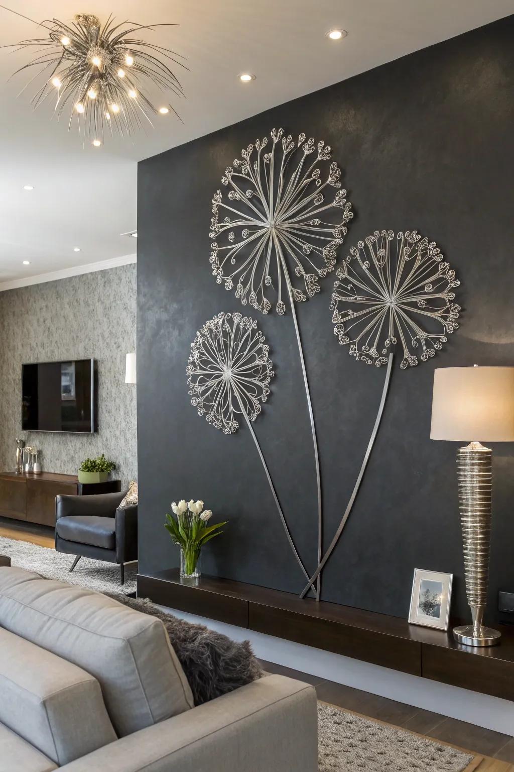 Metallic wall art adds a modern twist to dandelion decor.