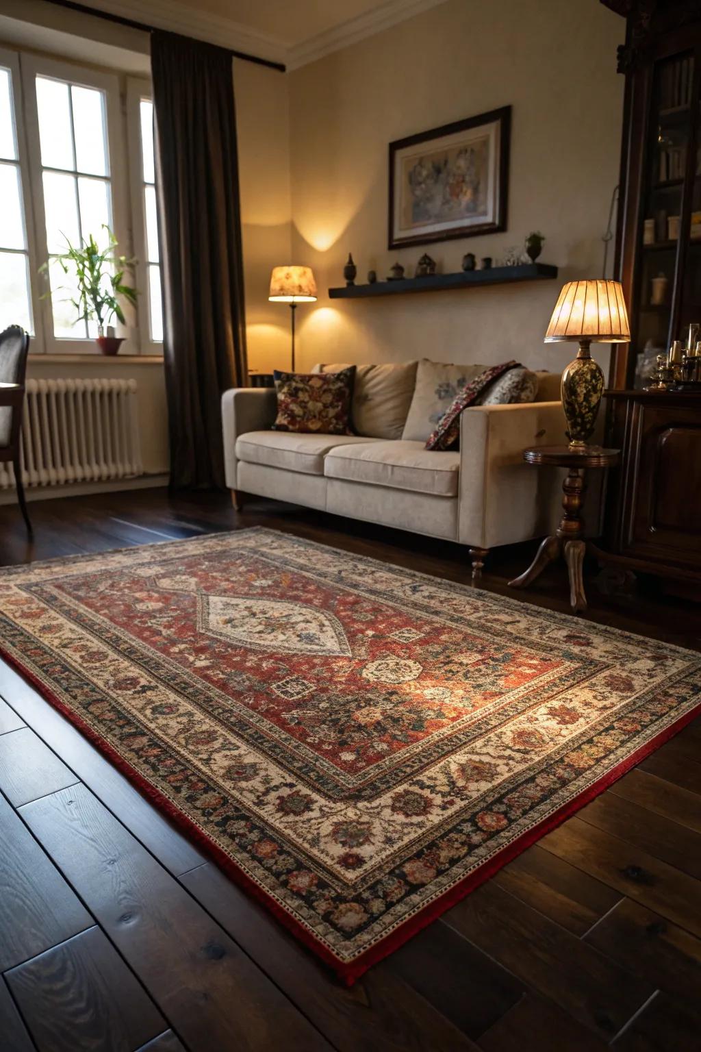 Oriental rugs bring color and warmth to the living room.