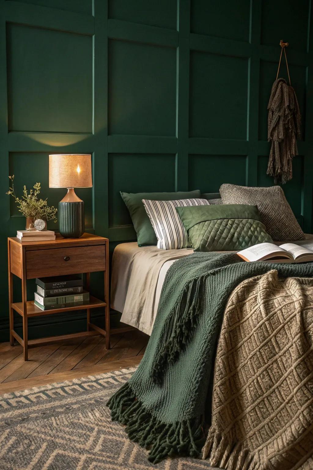 A dark green bedroom featuring textured throws and pillows for added comfort.