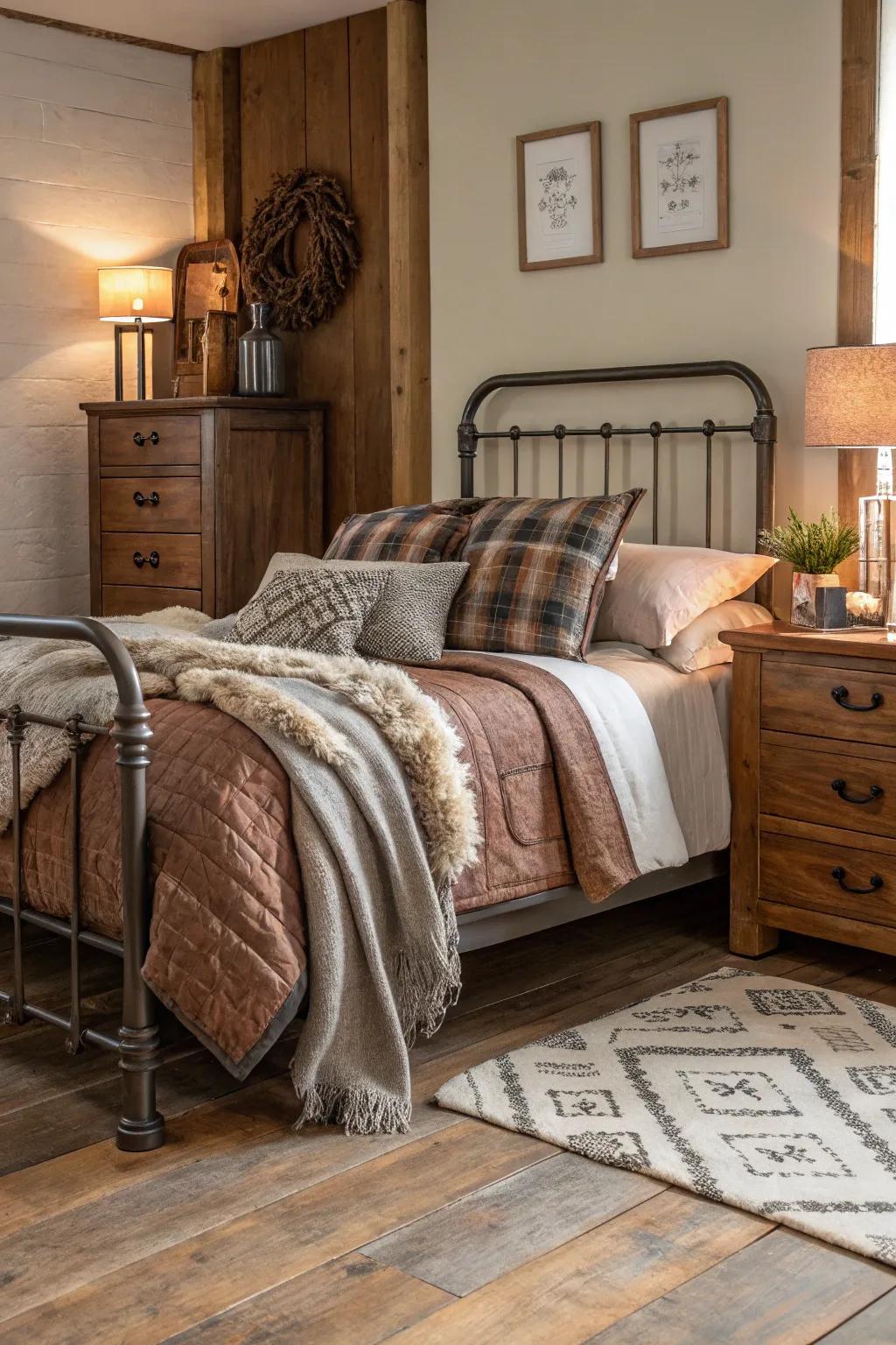 A mix of textures adds depth and richness to the bedroom.