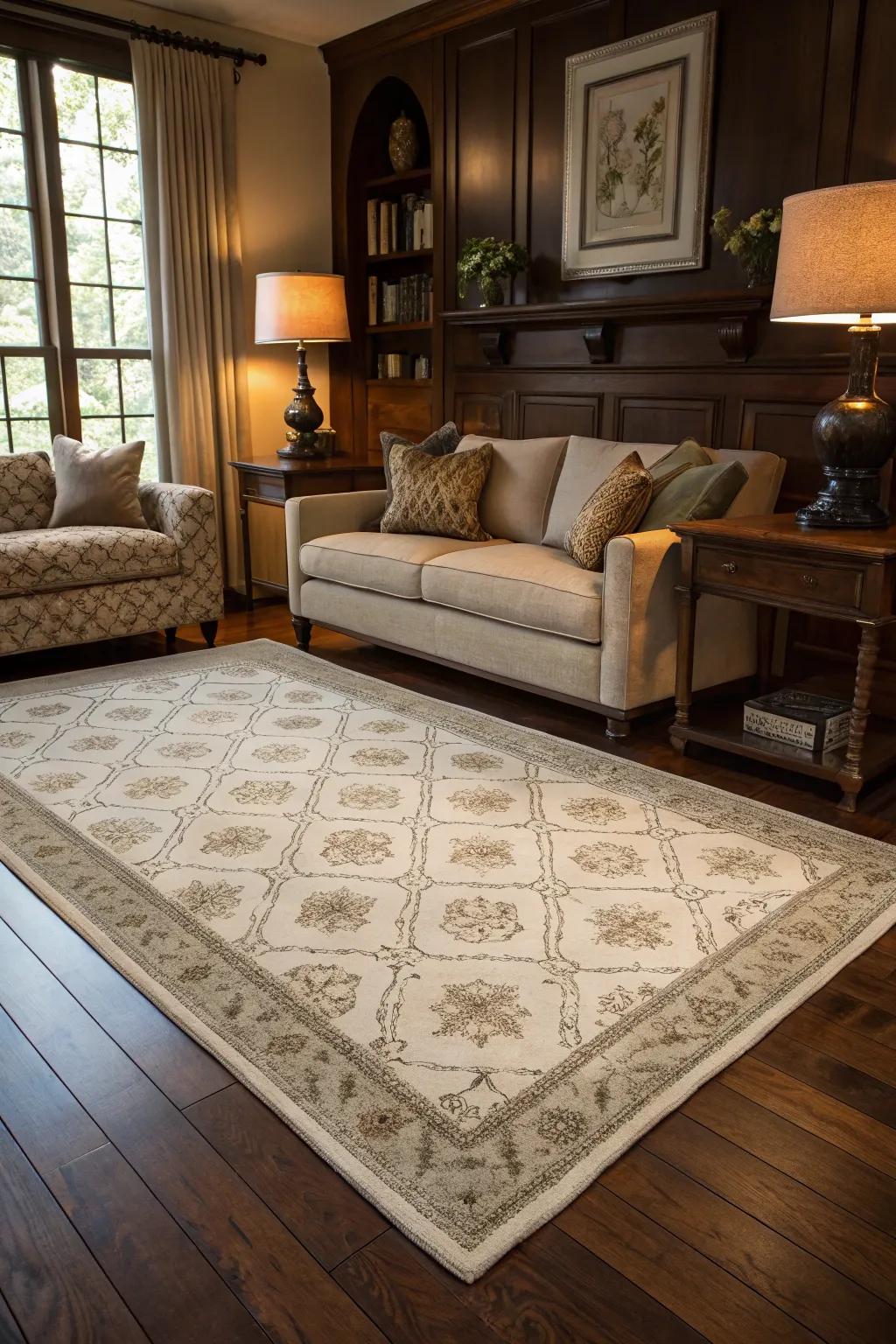 Layered rugs bring warmth and definition to dark wood floors.