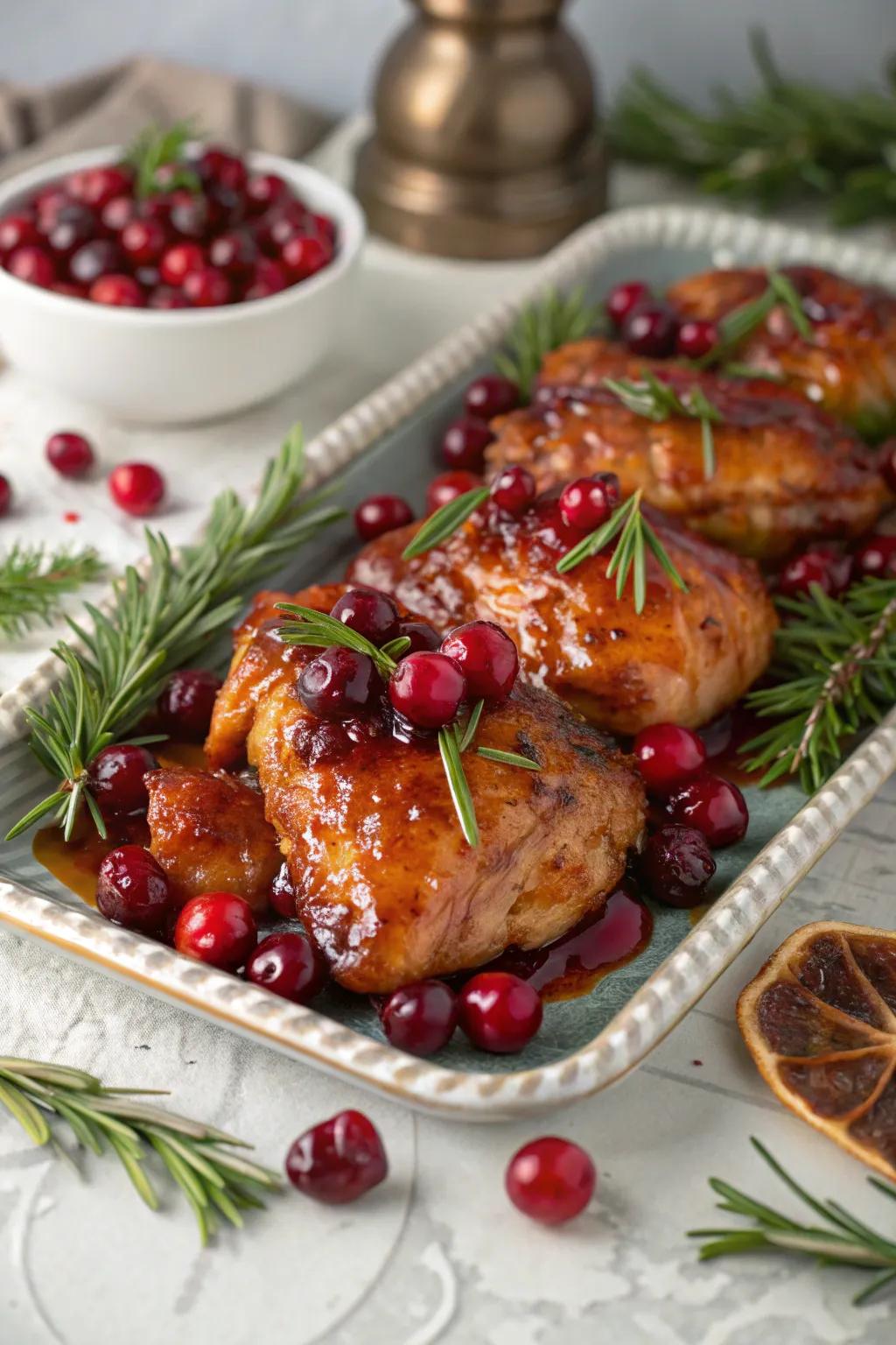 Cranberry glazed chicken, adding a holiday touch to your December dinners.