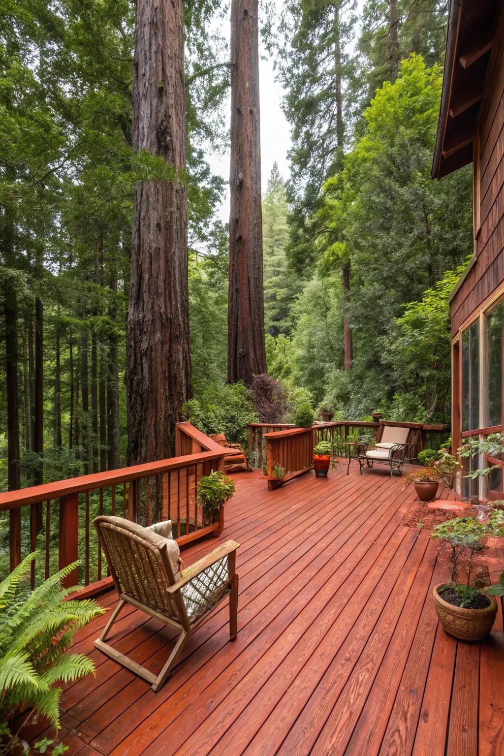 Redwood decks add a touch of vibrancy and warmth.