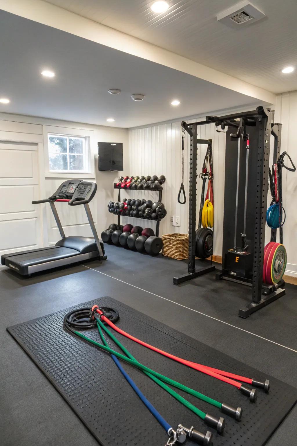 A home gym with functional rubber flooring, perfect for various workouts.