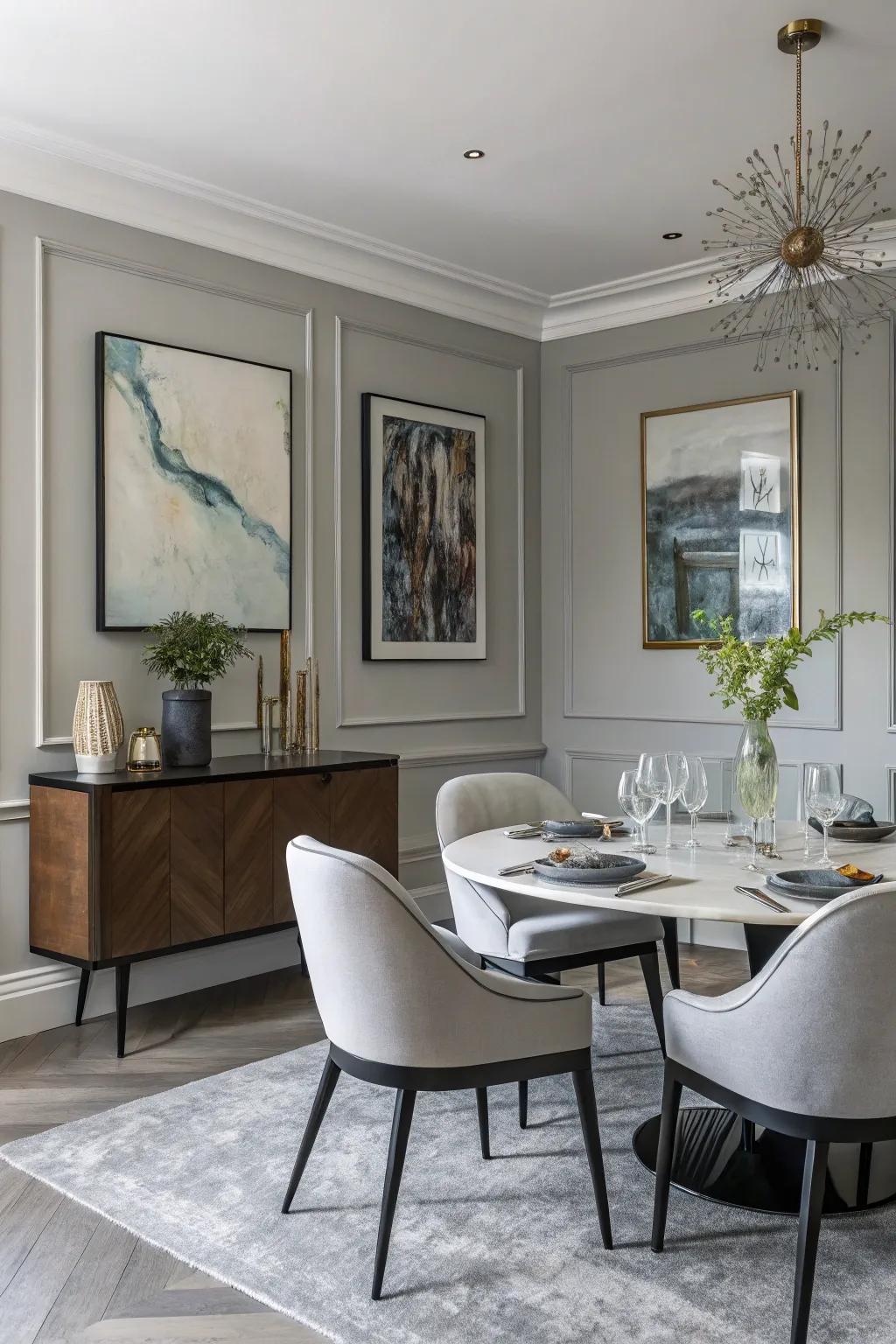 A modern dining room with soothing gray hues.