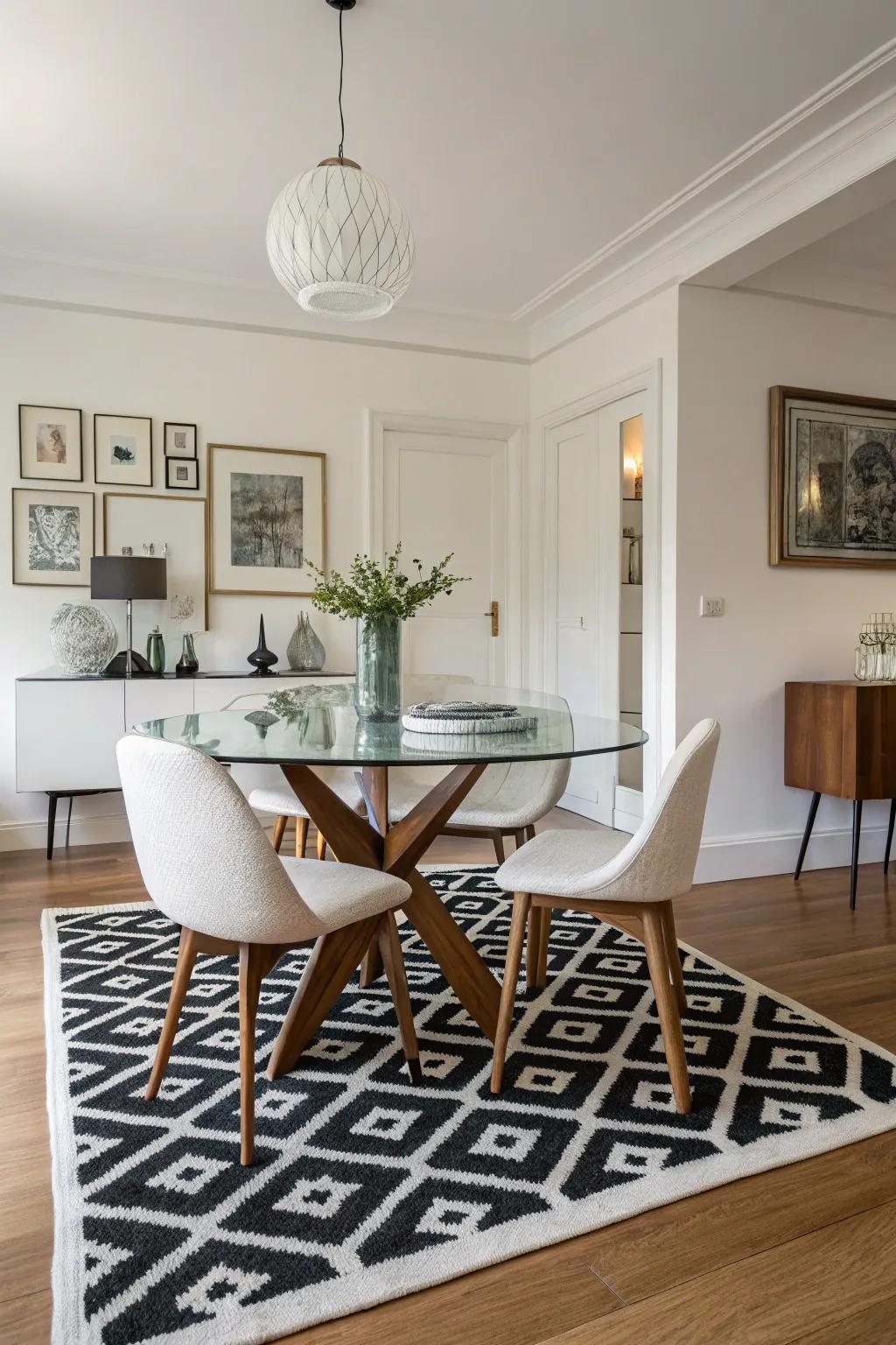 Monochrome rugs enhancing the chic minimalism of the dining room.