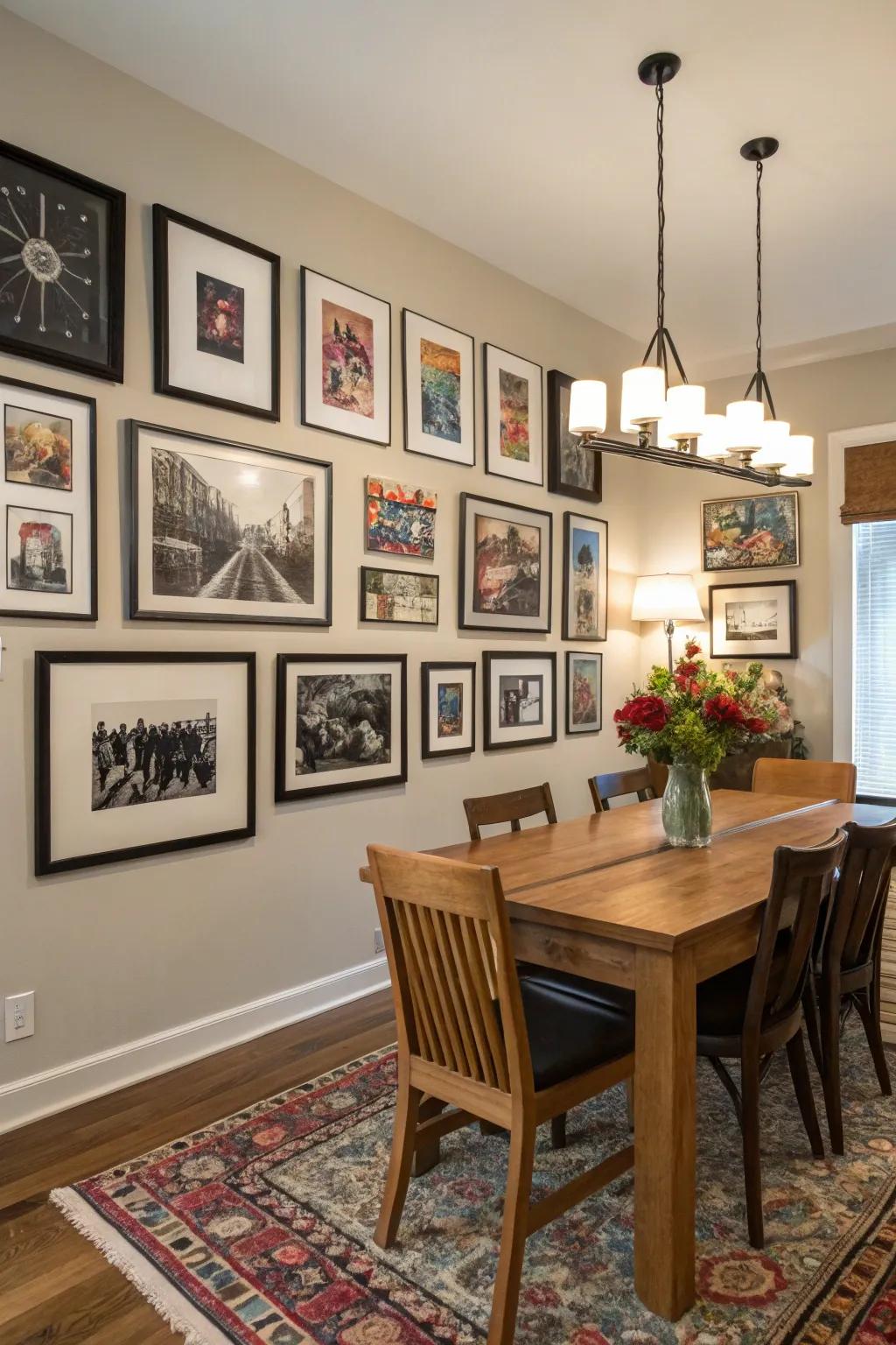 A gallery wall adds warmth and character to the dining room.