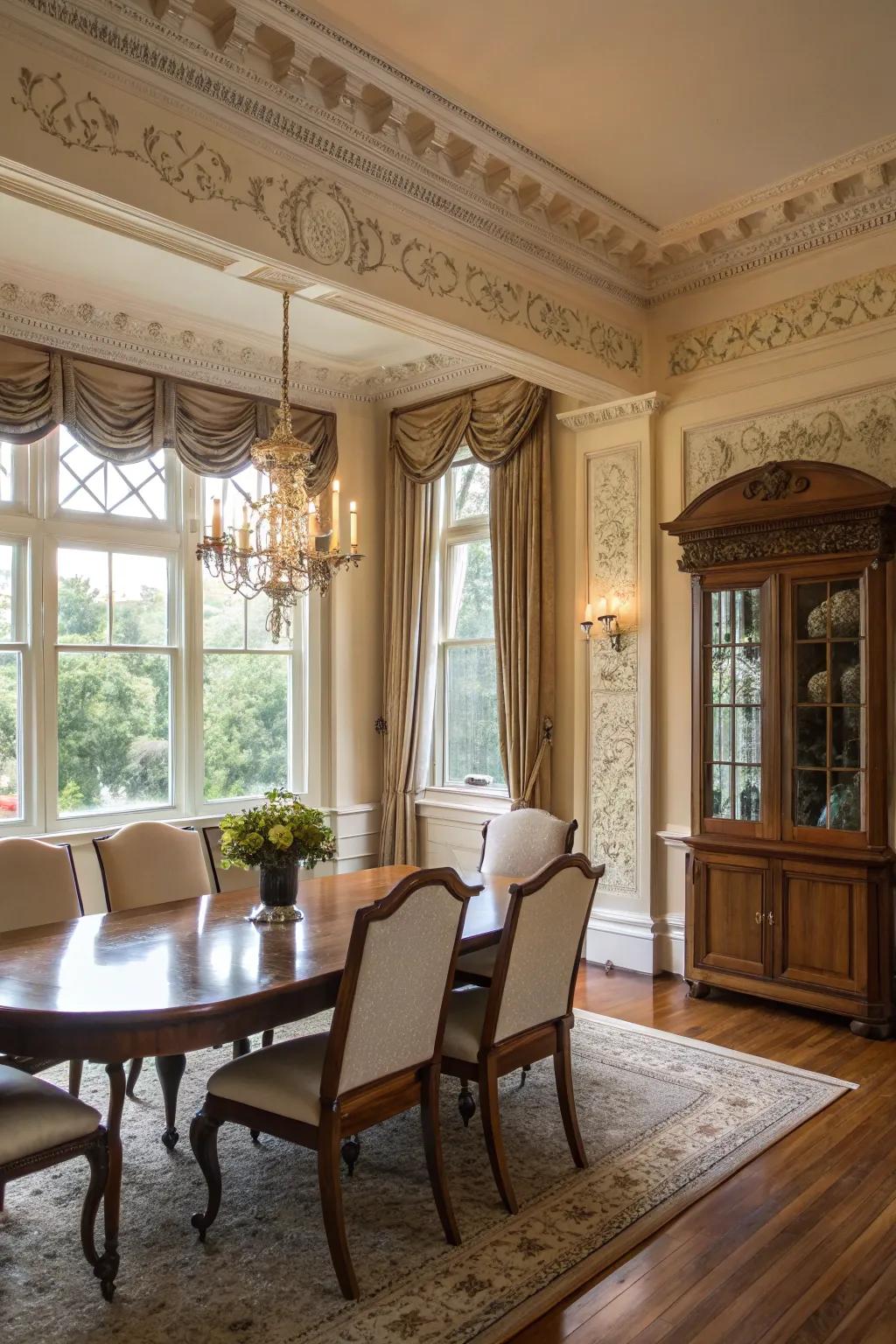 Architectural details elevate the sophistication of your dining room windows.