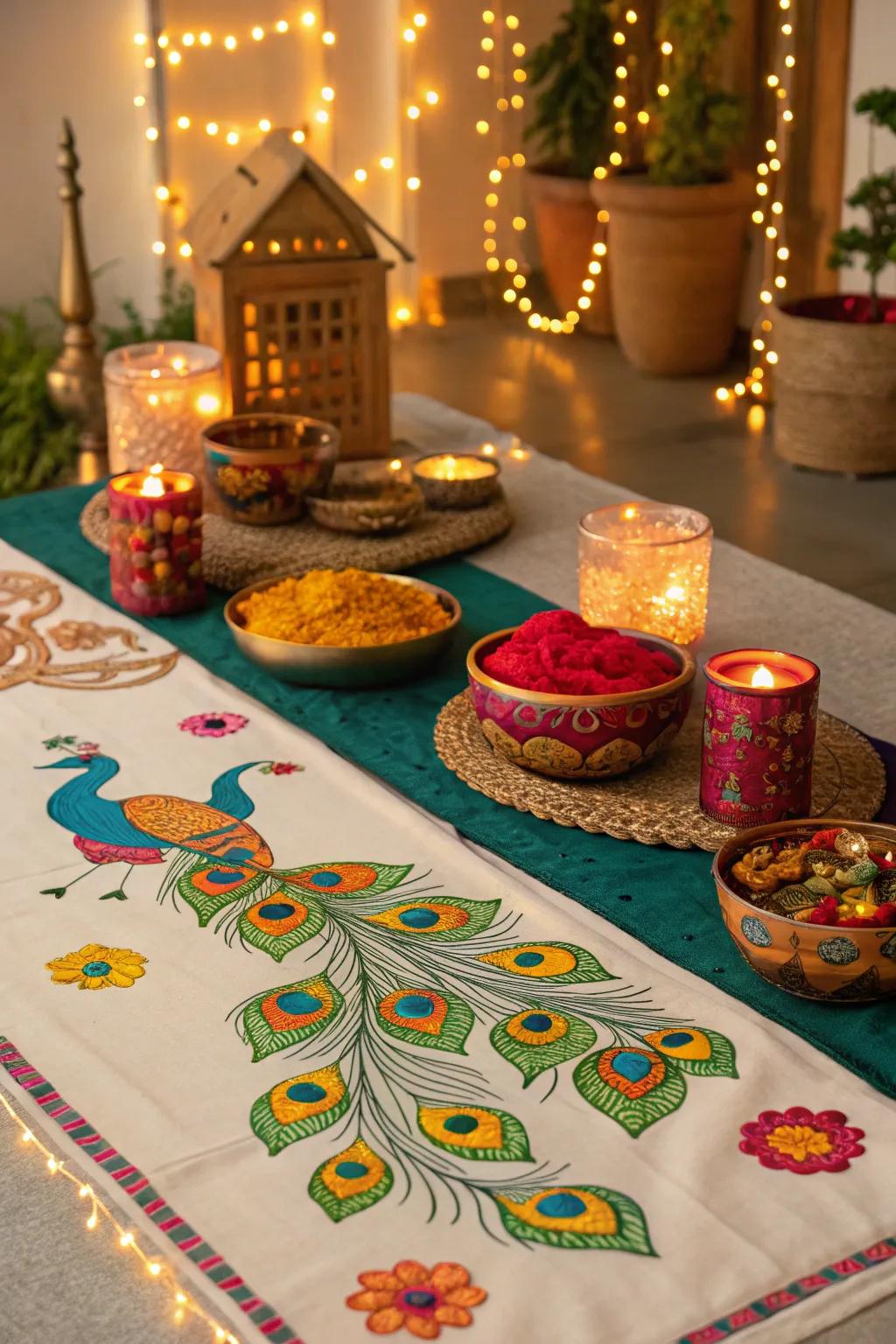 Cultural elements like peacock motifs add authenticity to the Diwali decor.