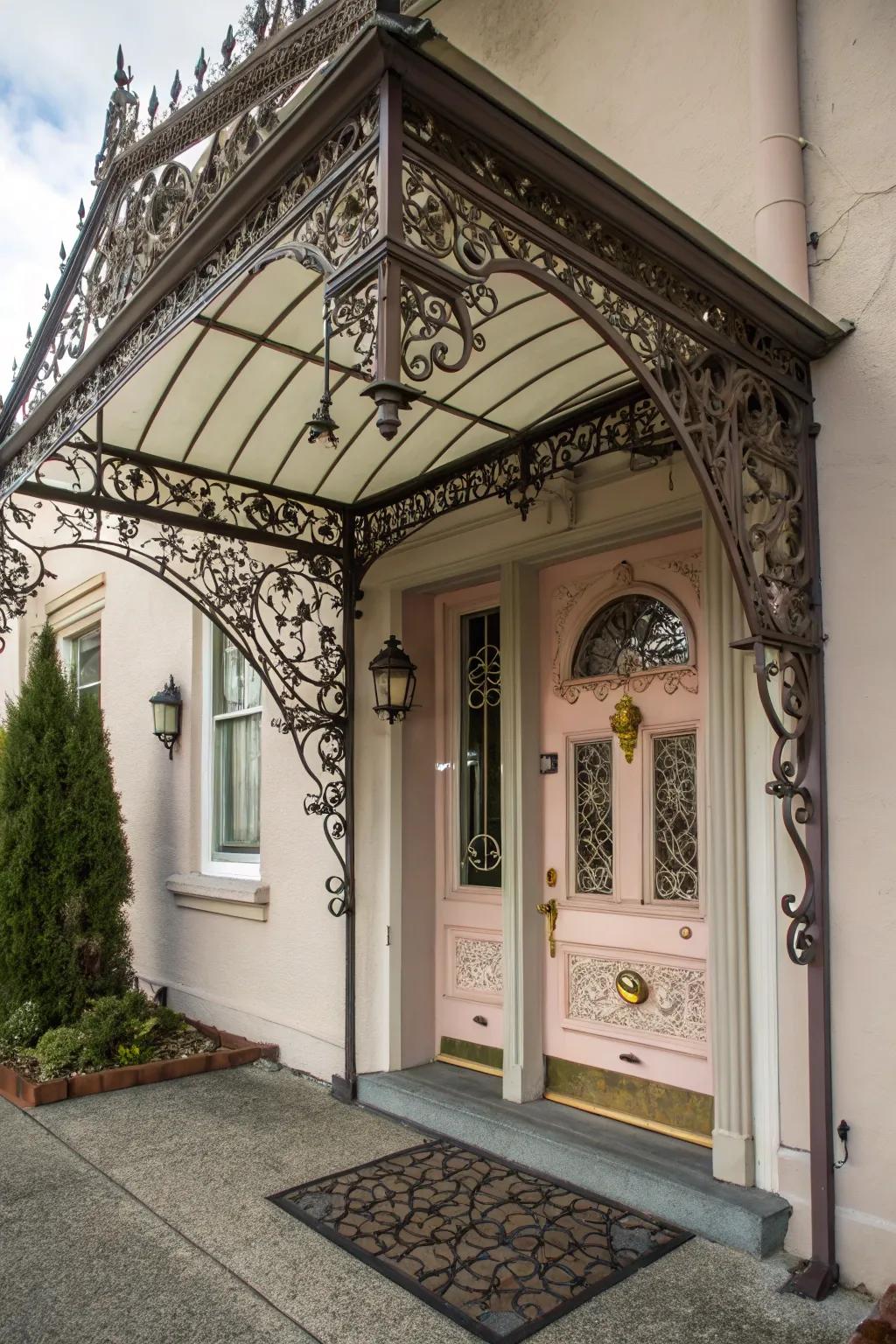 An artistic wrought iron awning that serves as a beautiful focal point.