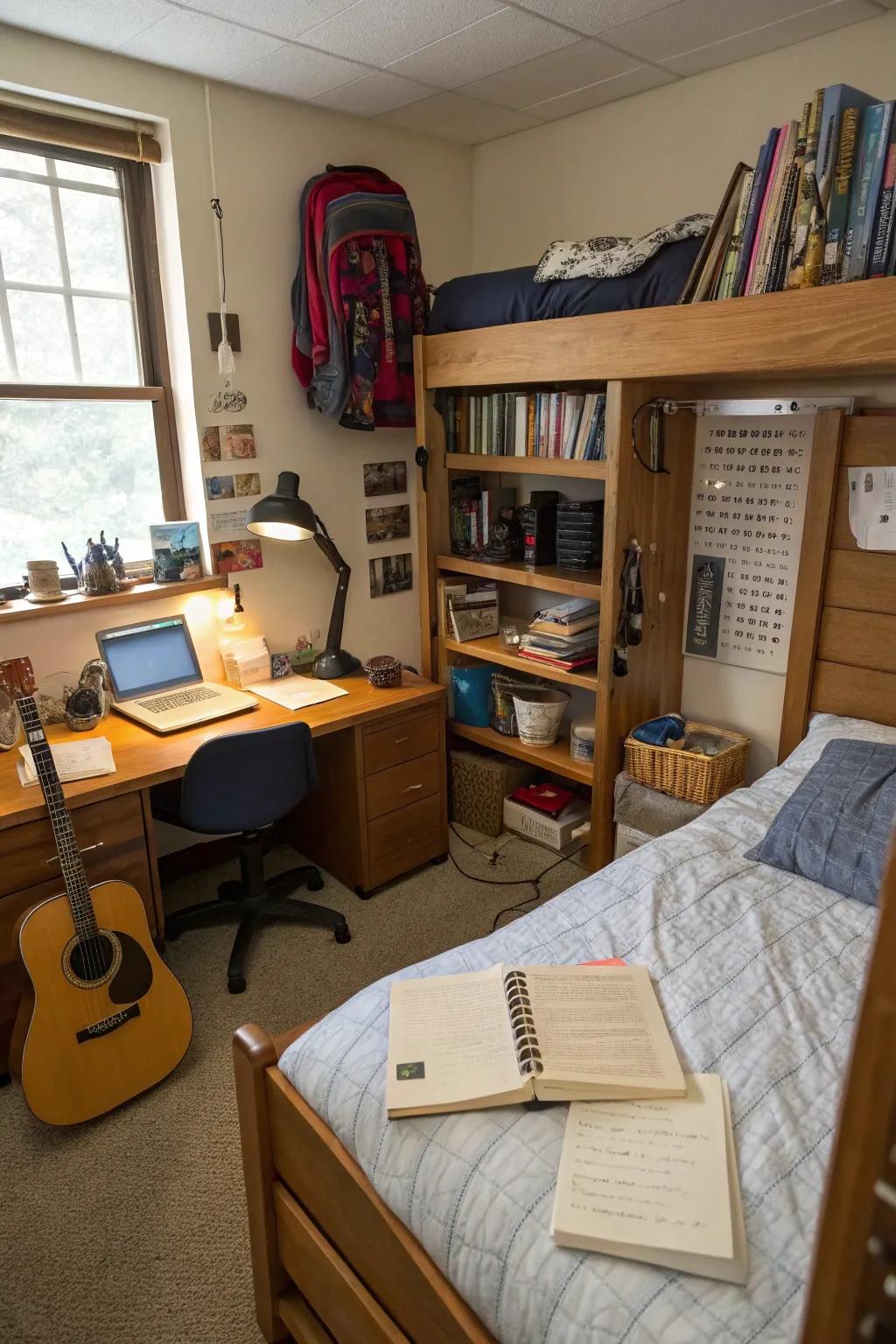 Personal items like books and instruments displayed in a dorm room, adding character.