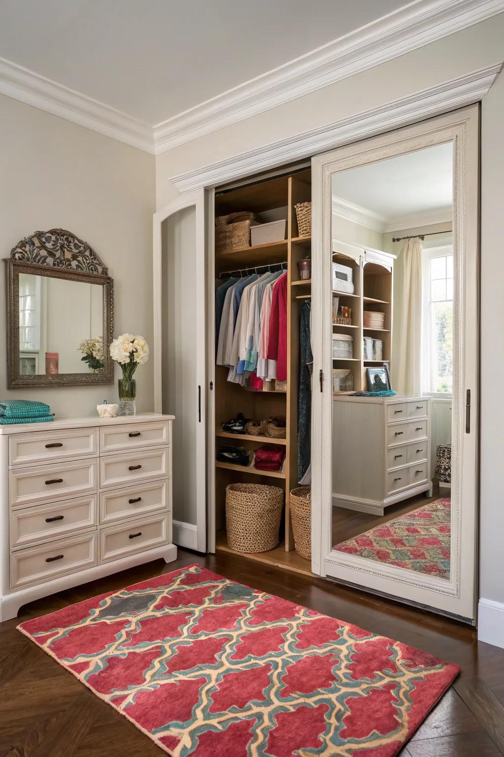 Decorative elements add charm and character to a double closet space.