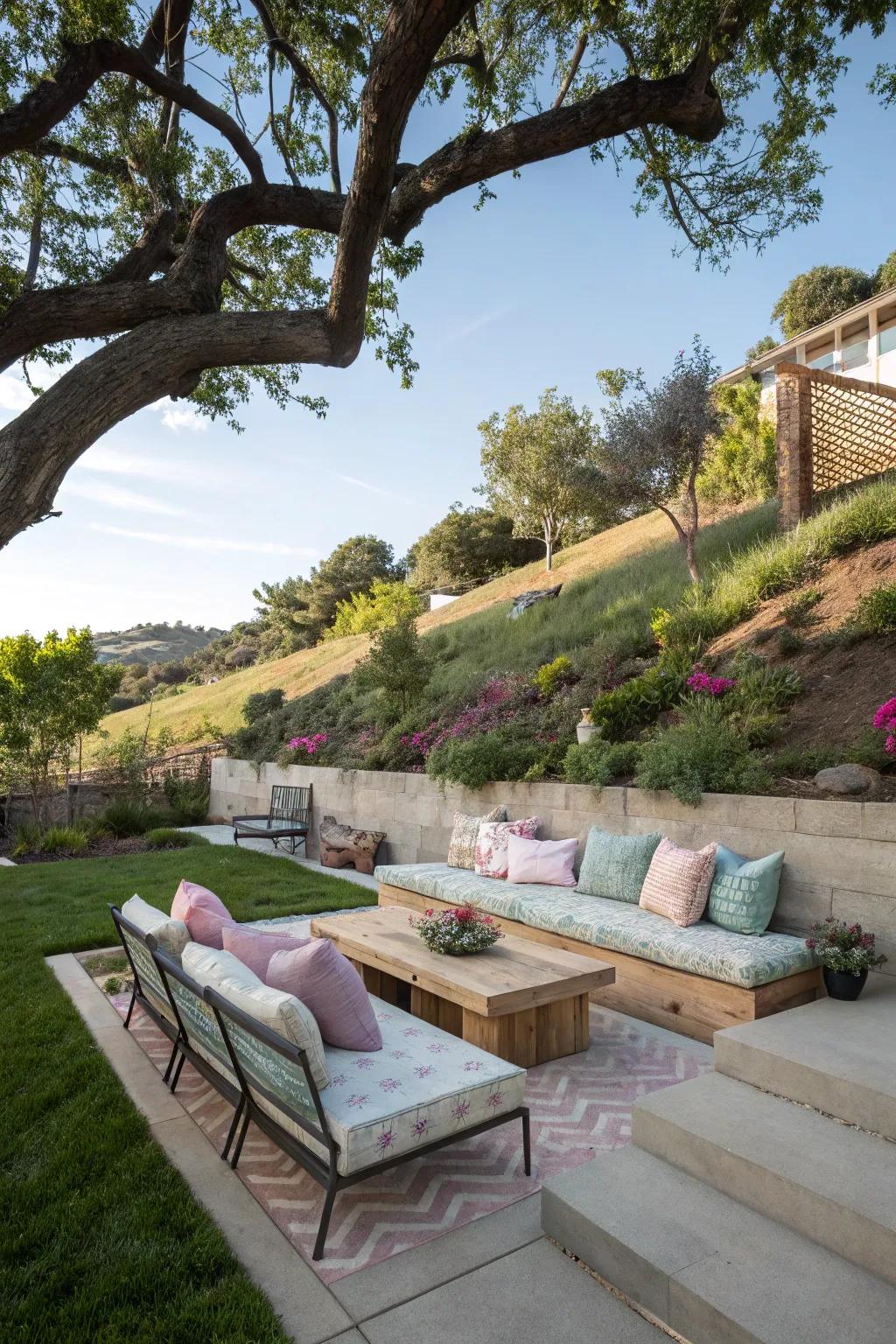 Comfortable seating areas invite you to enjoy the beauty of your sloped garden.