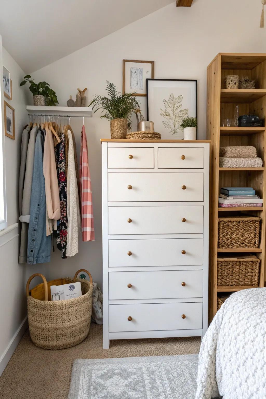 A tall, narrow dresser making efficient use of vertical space in a small bedroom.