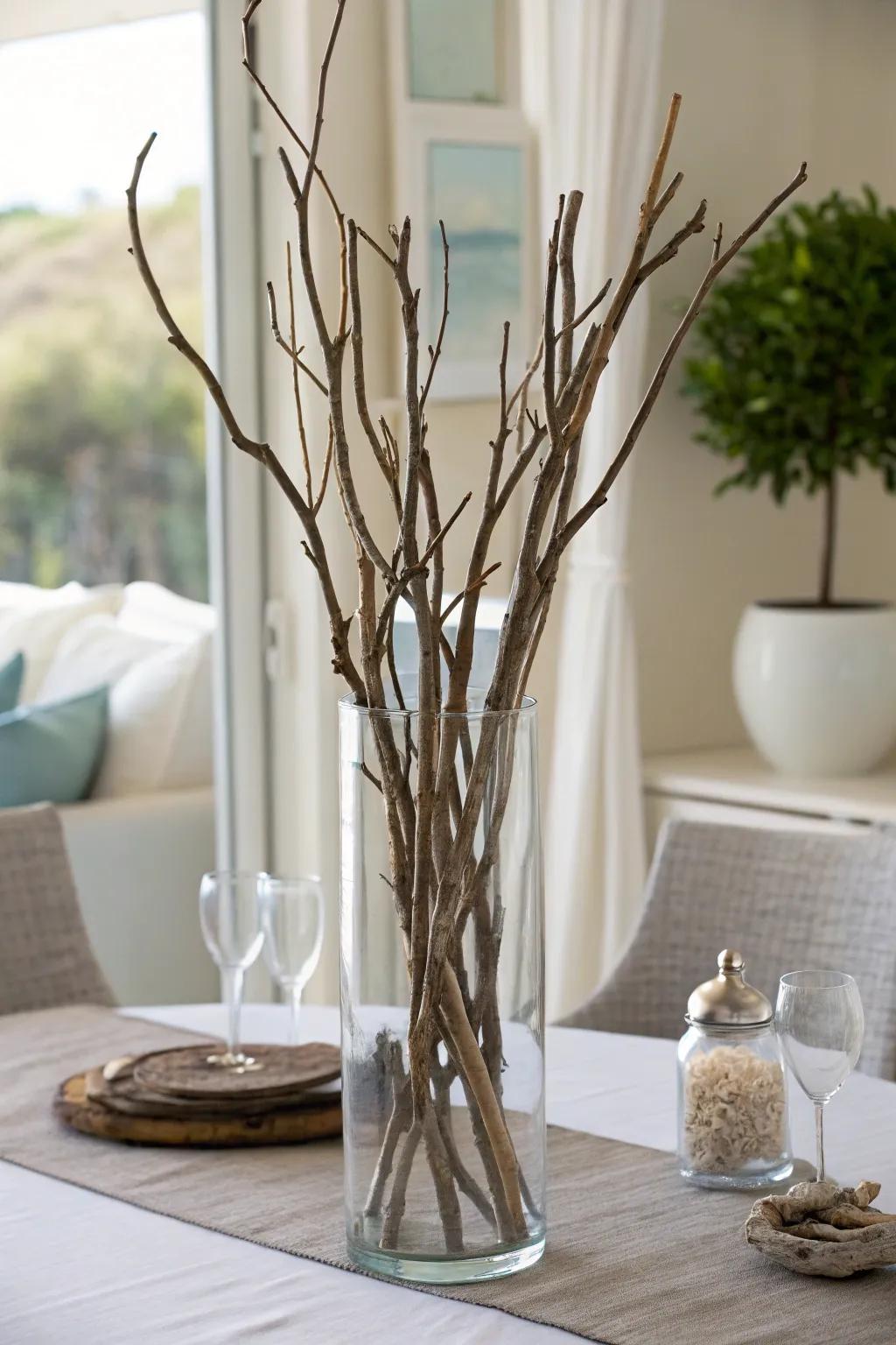 Natural branch displays offer a minimalist aesthetic.