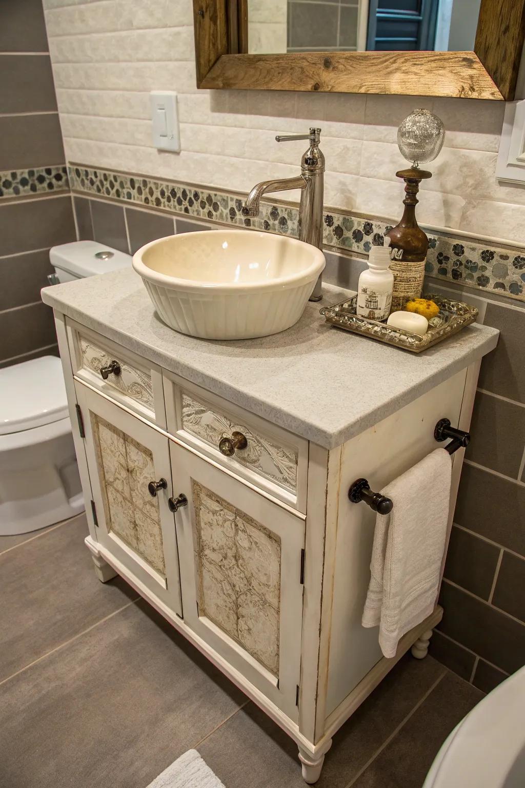 A vintage dry sink repurposed into a unique bathroom vanity.