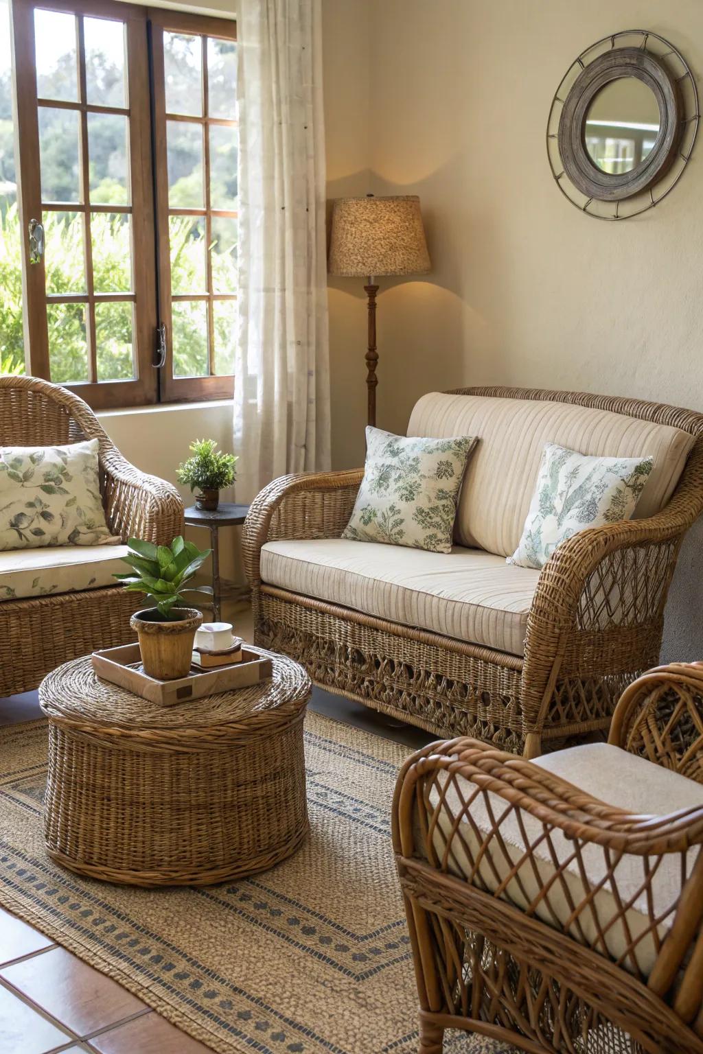 Room featuring rattan and wicker furniture for added texture.