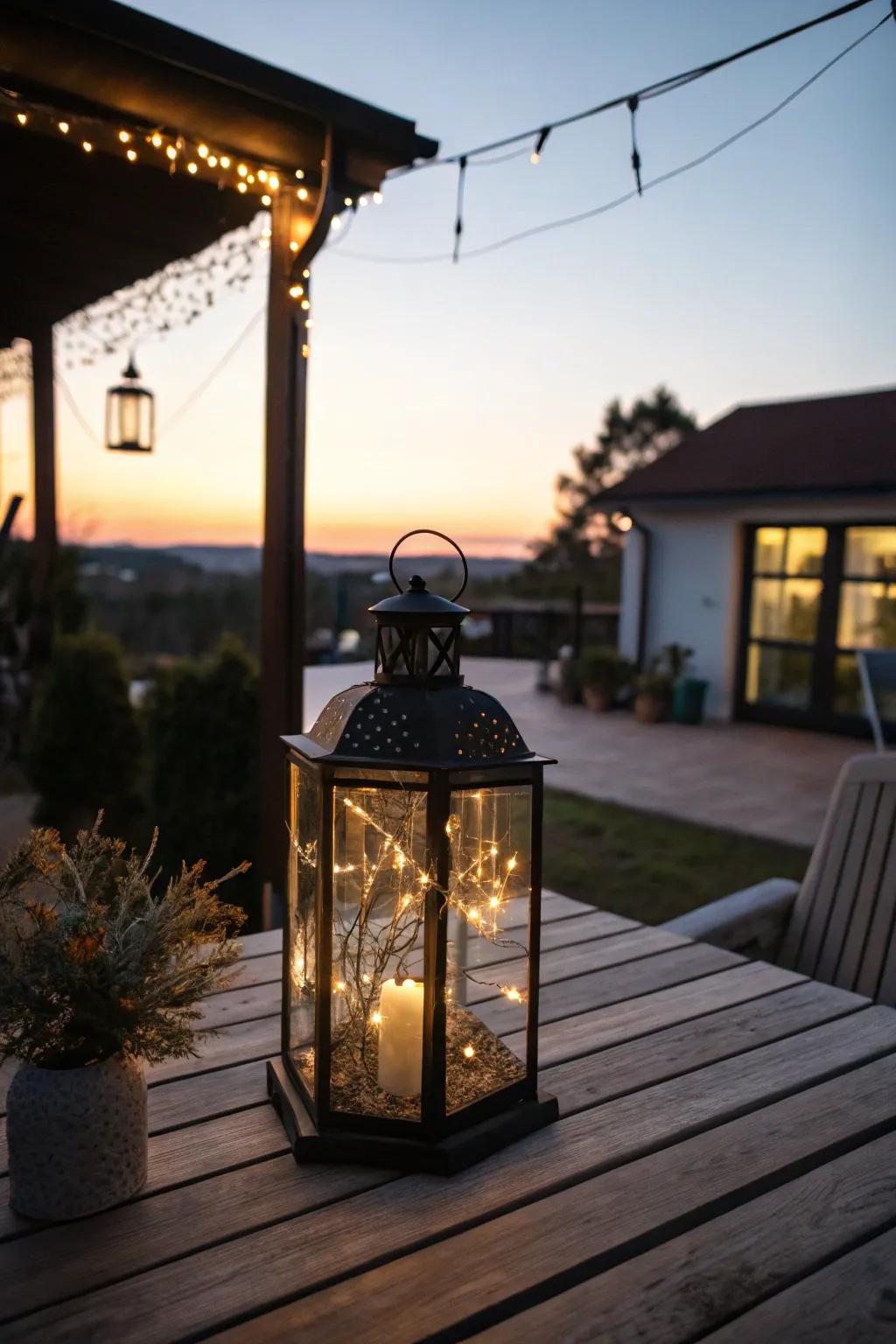 Fairy lights transform lanterns into magical beacons.