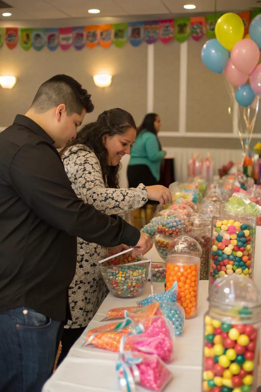 Guests enjoying personalized candy bags.