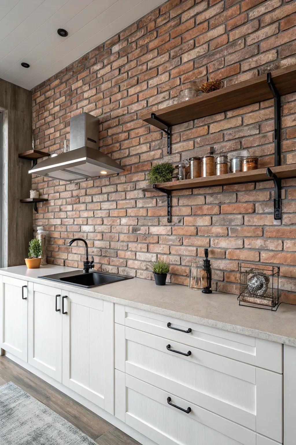 Faux brick texture offers urban flair.