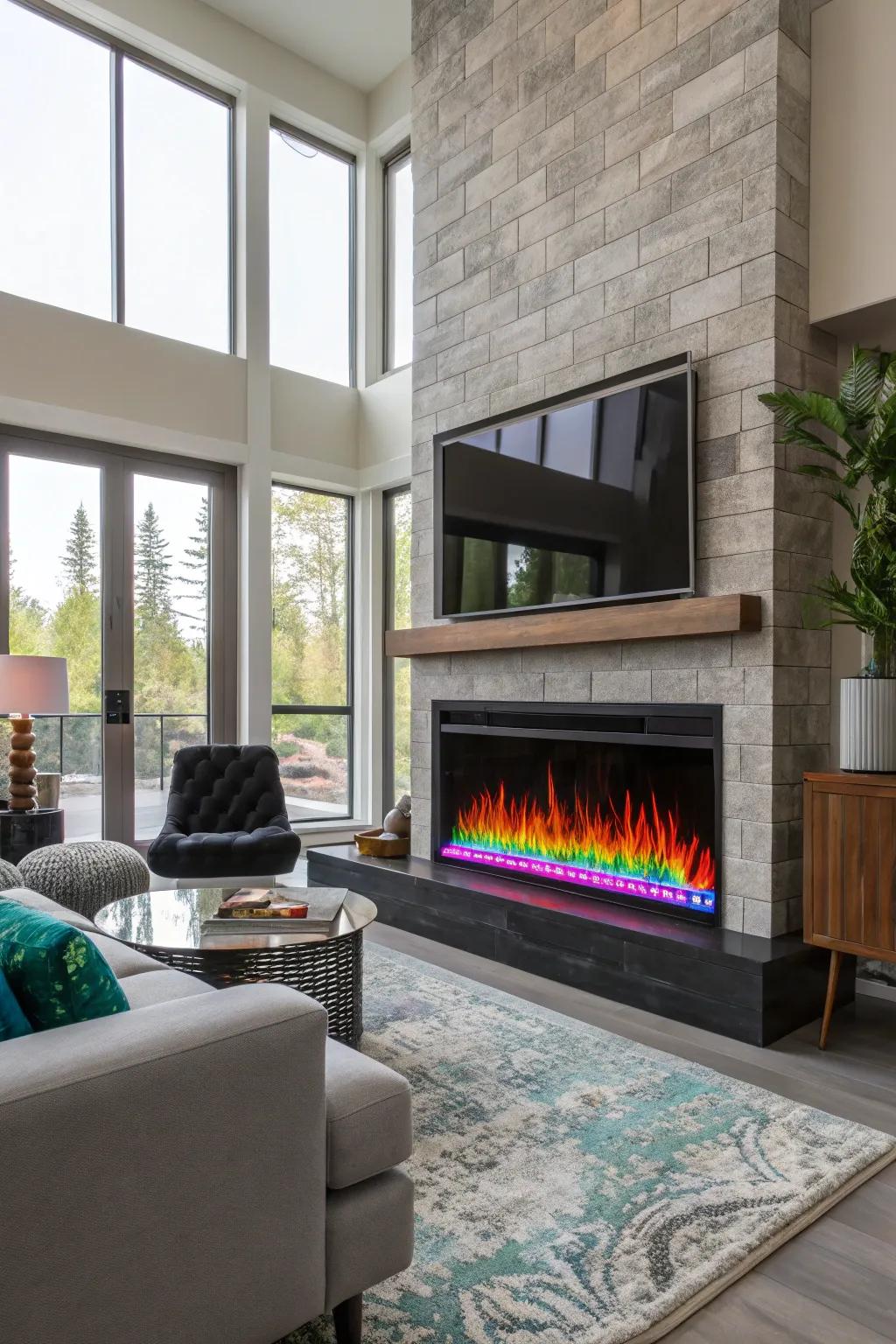 Multicolor flames add a dynamic touch to an electric fireplace.