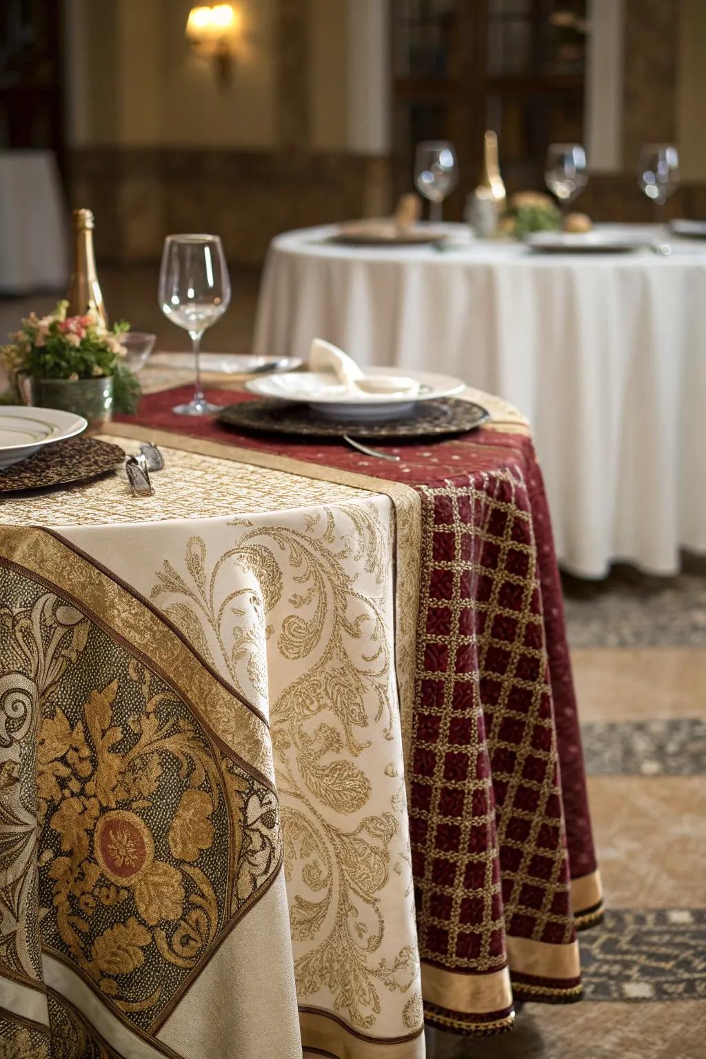 Layered tablecloths add depth and texture