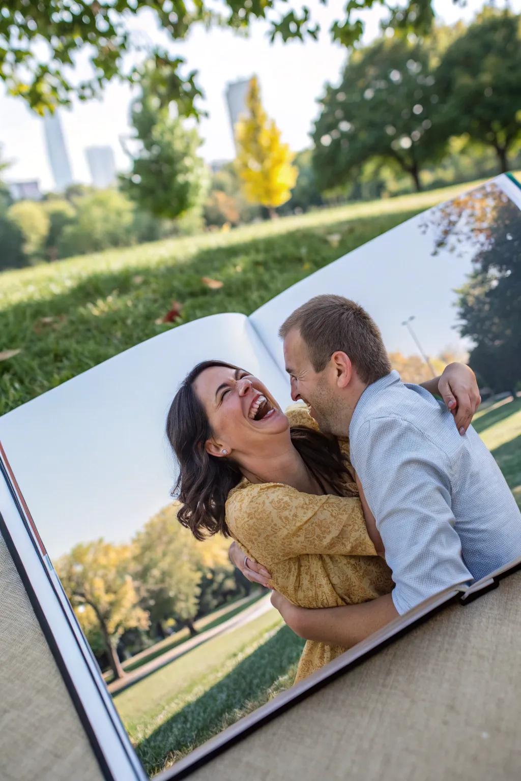 A playful pose captured in an engagement photo book.