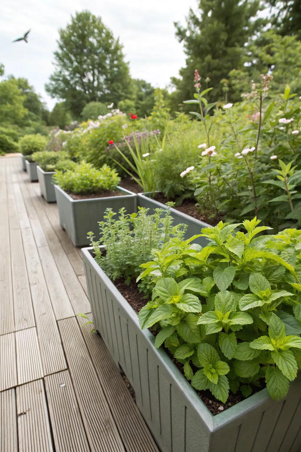 Herb-filled planters add both fragrance and function to the garden.