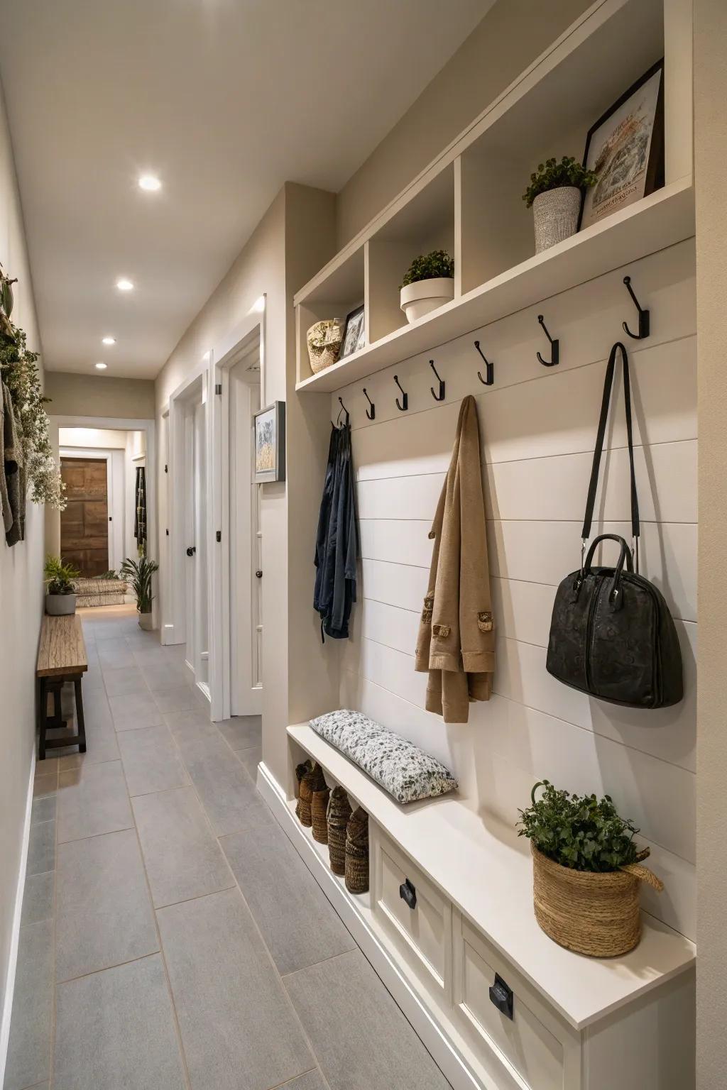 Creative storage solutions maintain tidiness in this entry hallway.