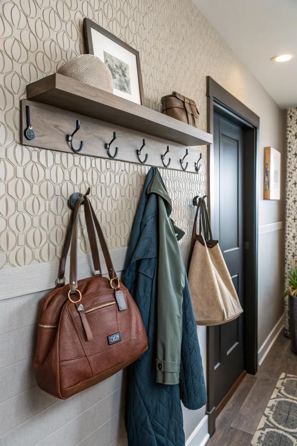Hooks provide functional and stylish storage solutions.