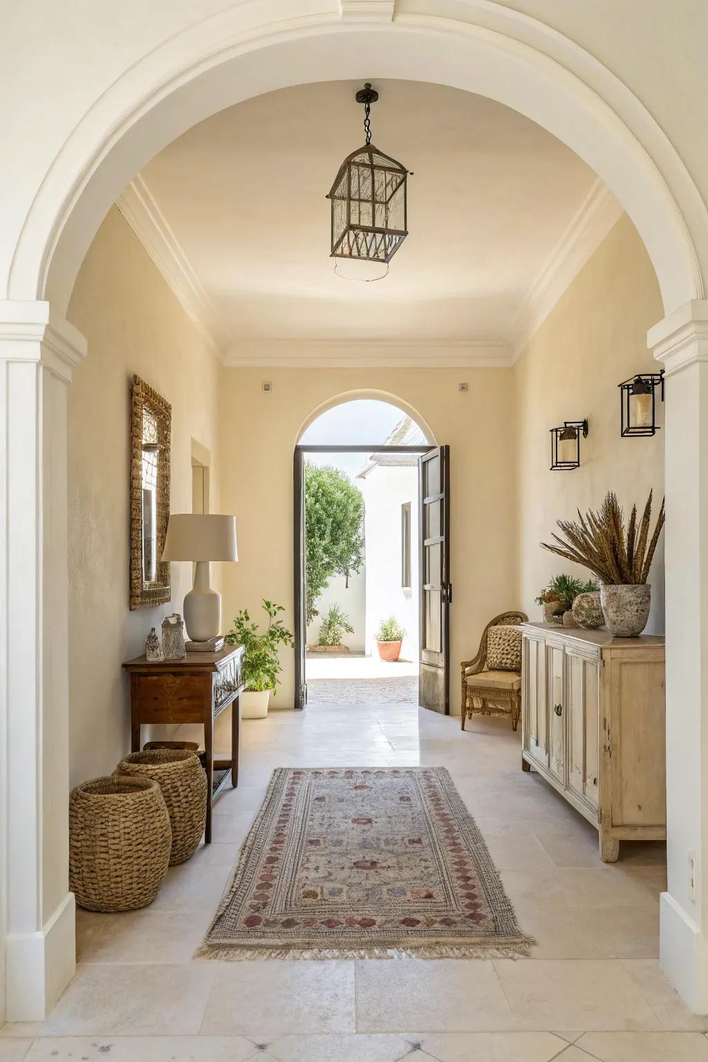 An entryway with light cream walls, creating a bright and airy feel.