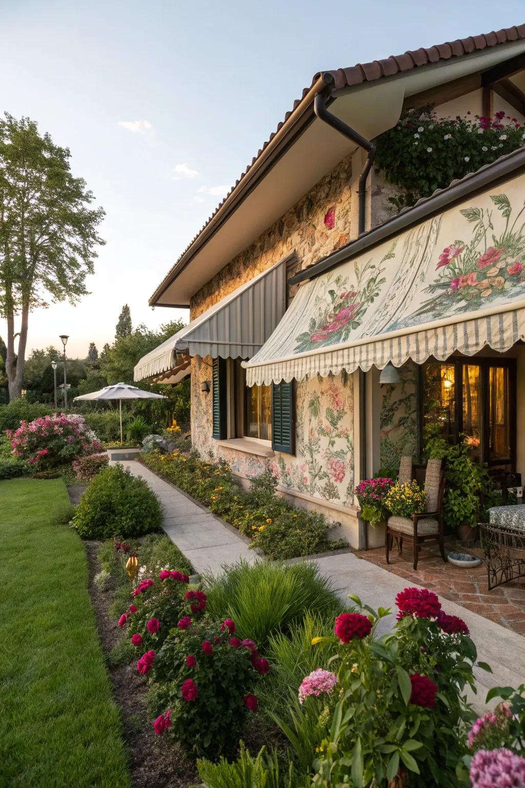Botanical print awnings add a touch of nature to your home.