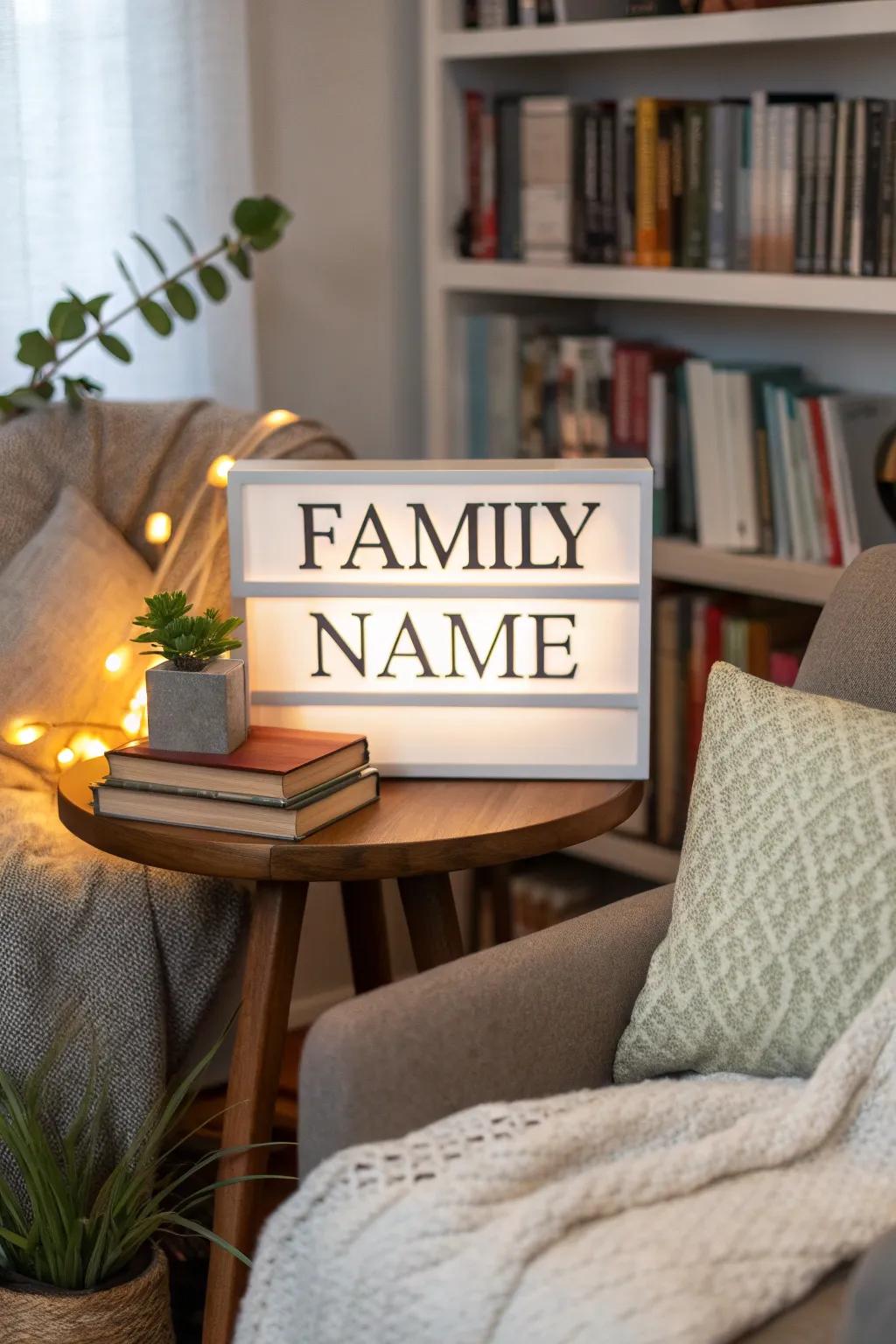 An inspirational family name sign providing a heartfelt touch in a reading nook.