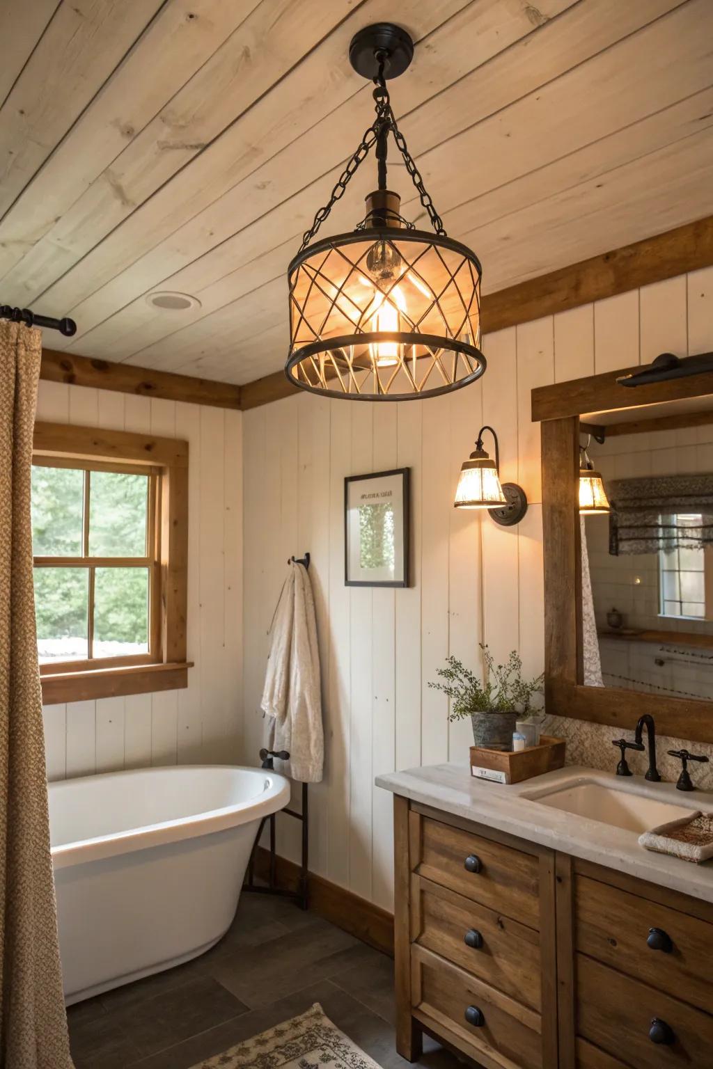 Hanging light fixtures add a touch of elegance to a farmhouse bathroom.