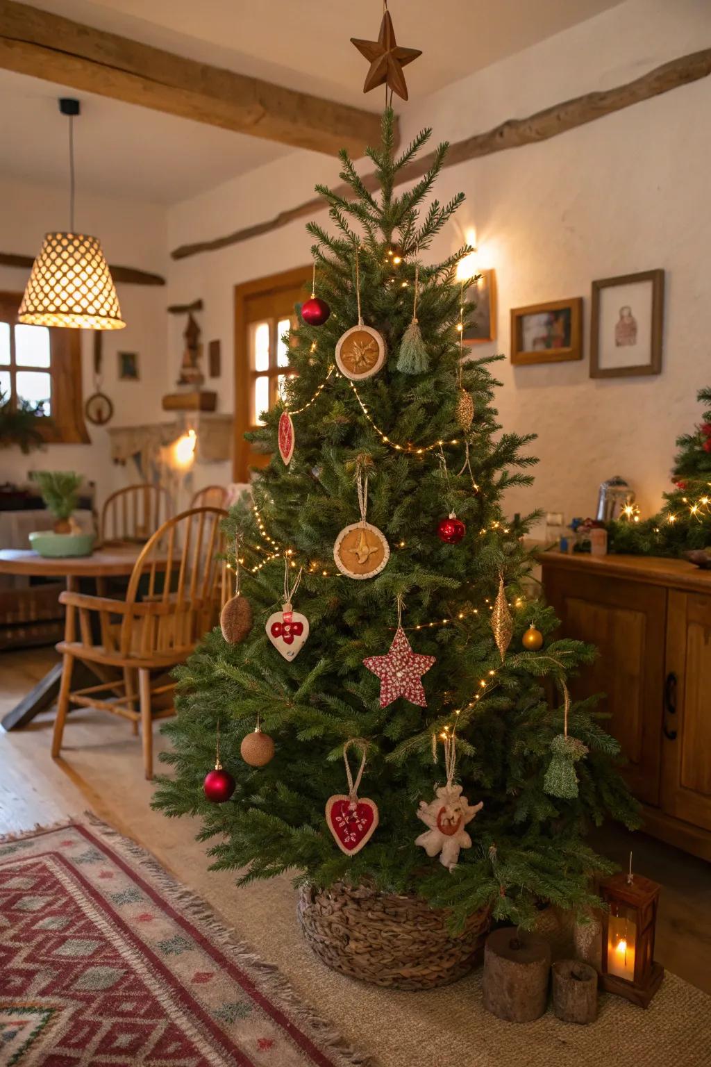 Handmade ornaments add a personal and charming touch to this tree.