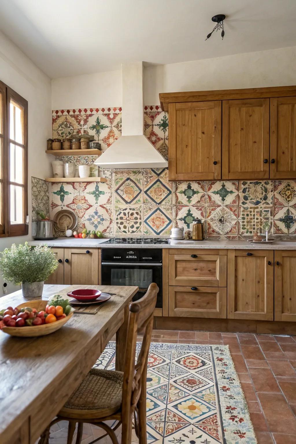 A farmhouse kitchen with a bold patterned tile backsplash.