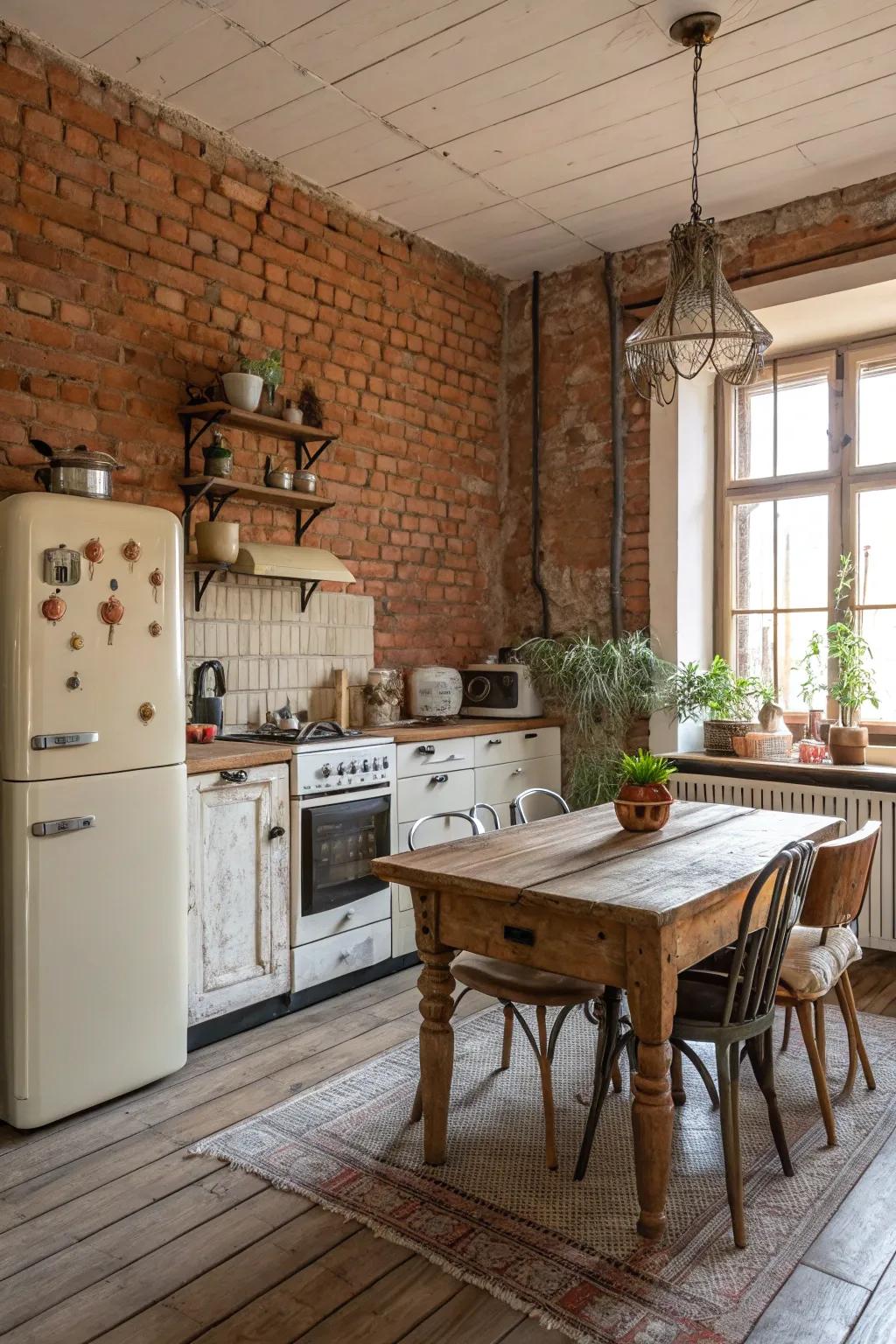 A farmhouse kitchen featuring exposed brick walls.