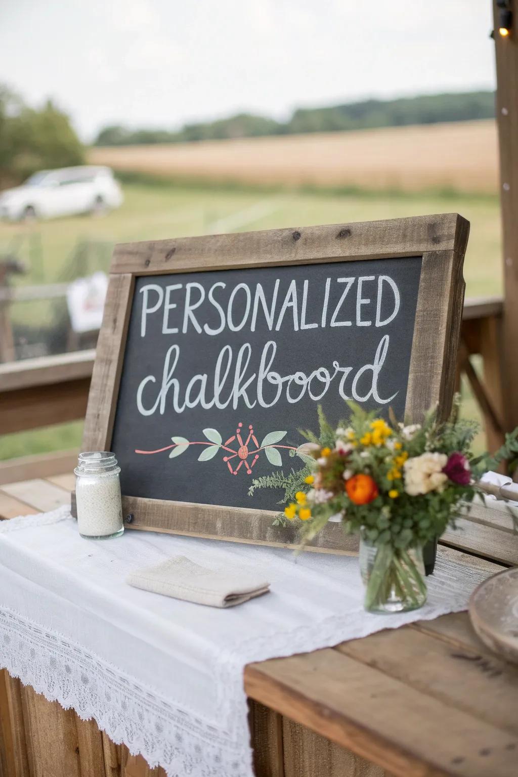 A personalized chalkboard sign adds a sweet, welcoming touch to your table.