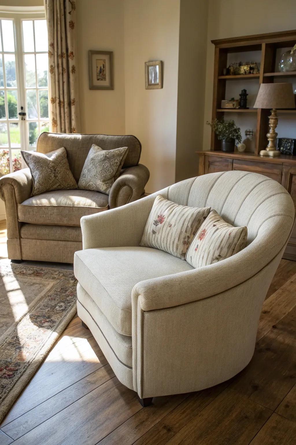 An elegantly curved sofa and armchair setting a sophisticated tone.