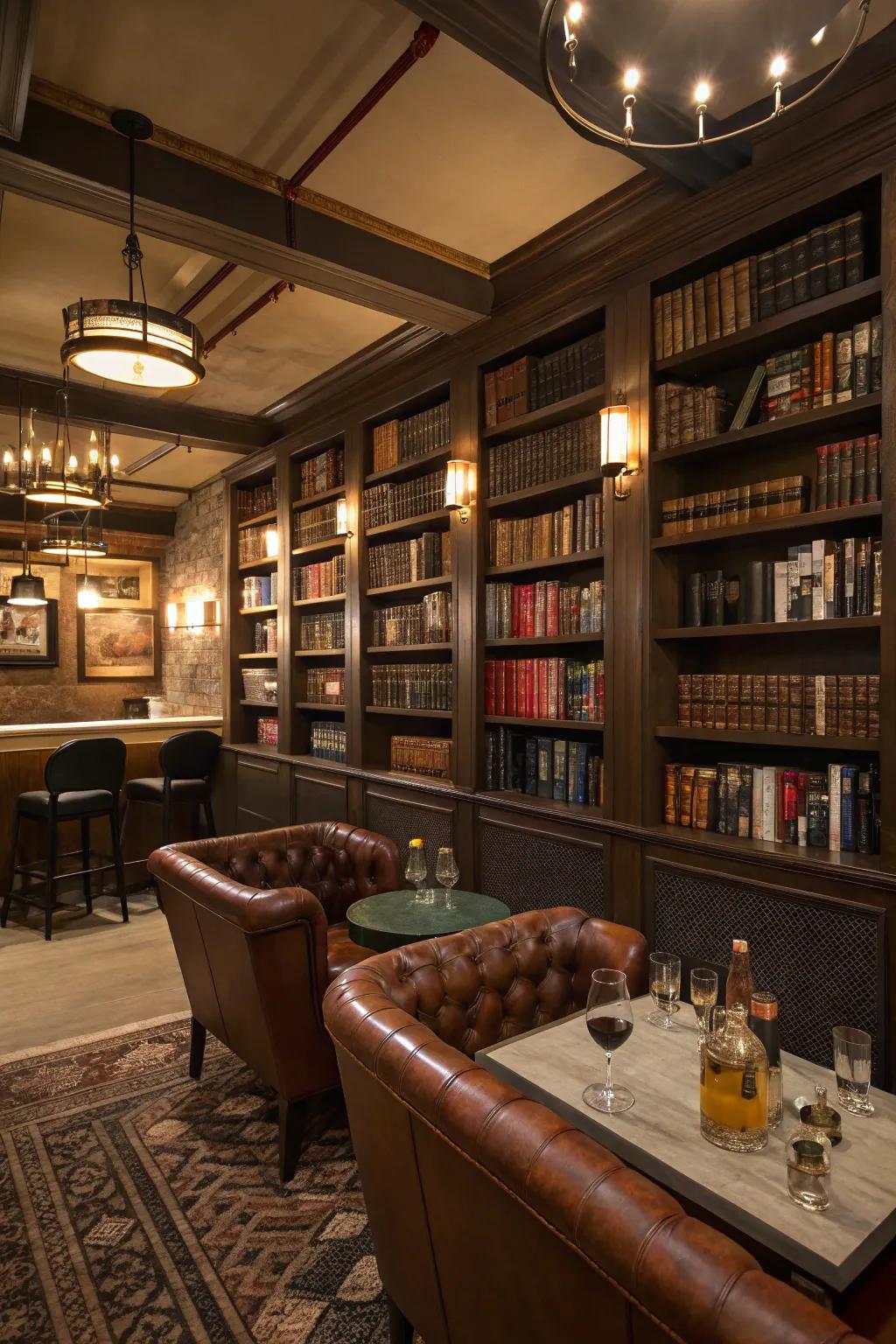 Relax in a cozy library lounge bar in your basement.