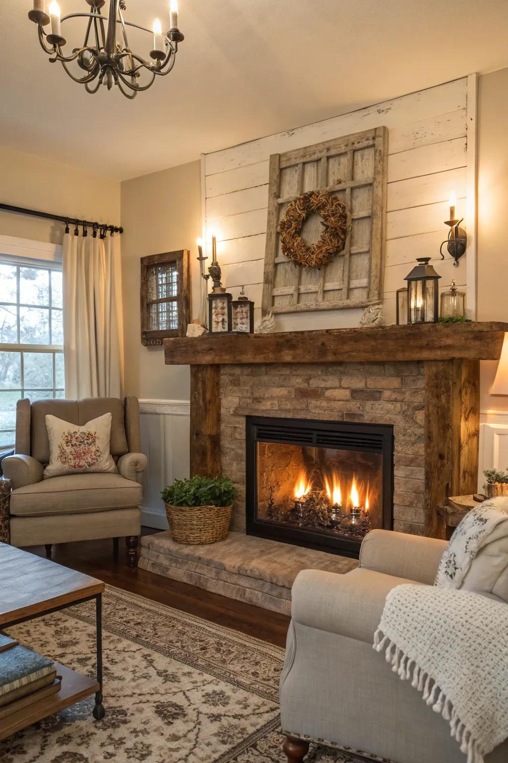 A cozy living room showcasing a fireplace with a reclaimed wood mantel.