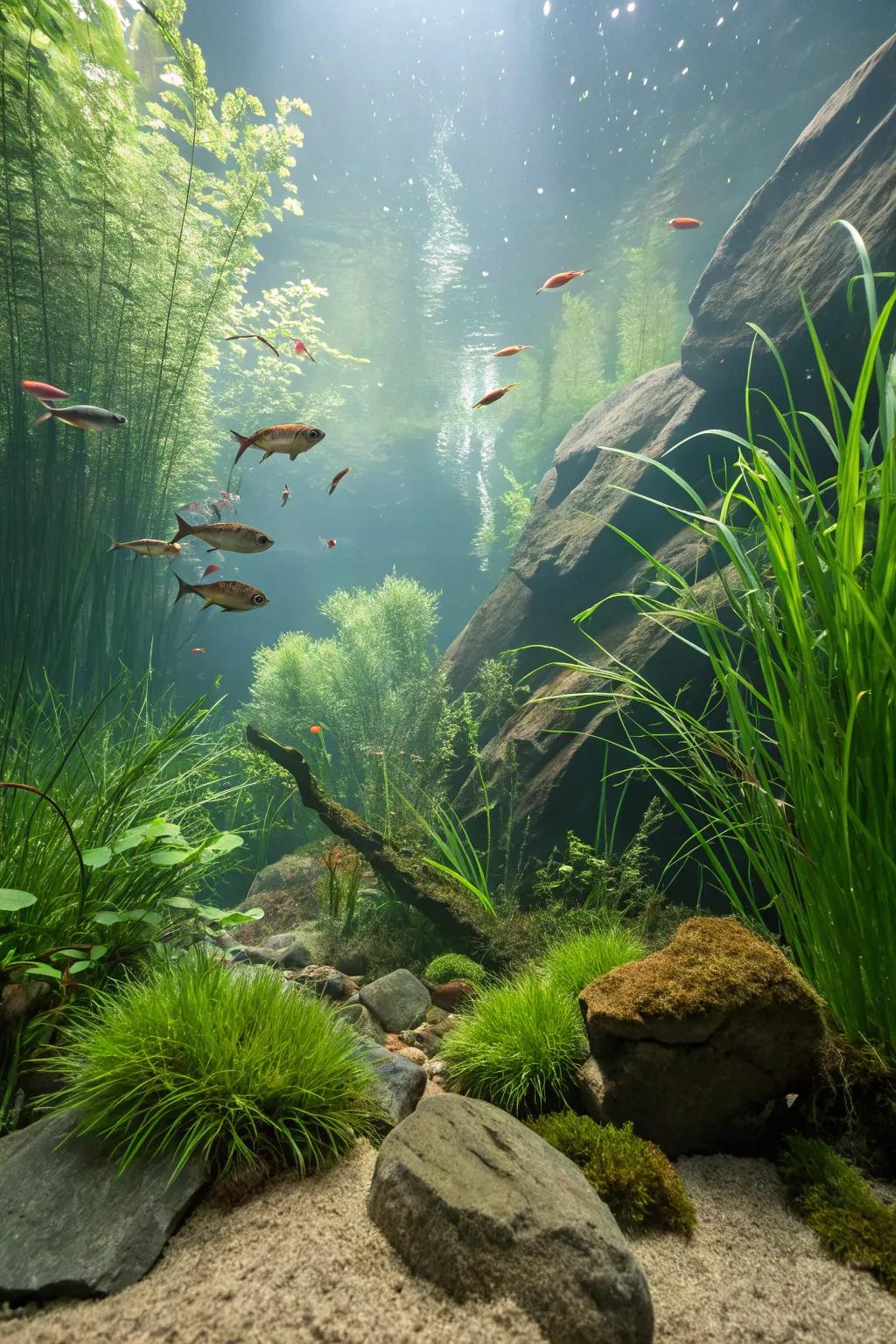 A biotope aquarium mimicking a natural habitat