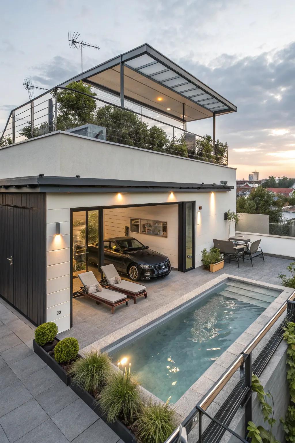 A rooftop pool on a flat roof garage is the pinnacle of luxury living.