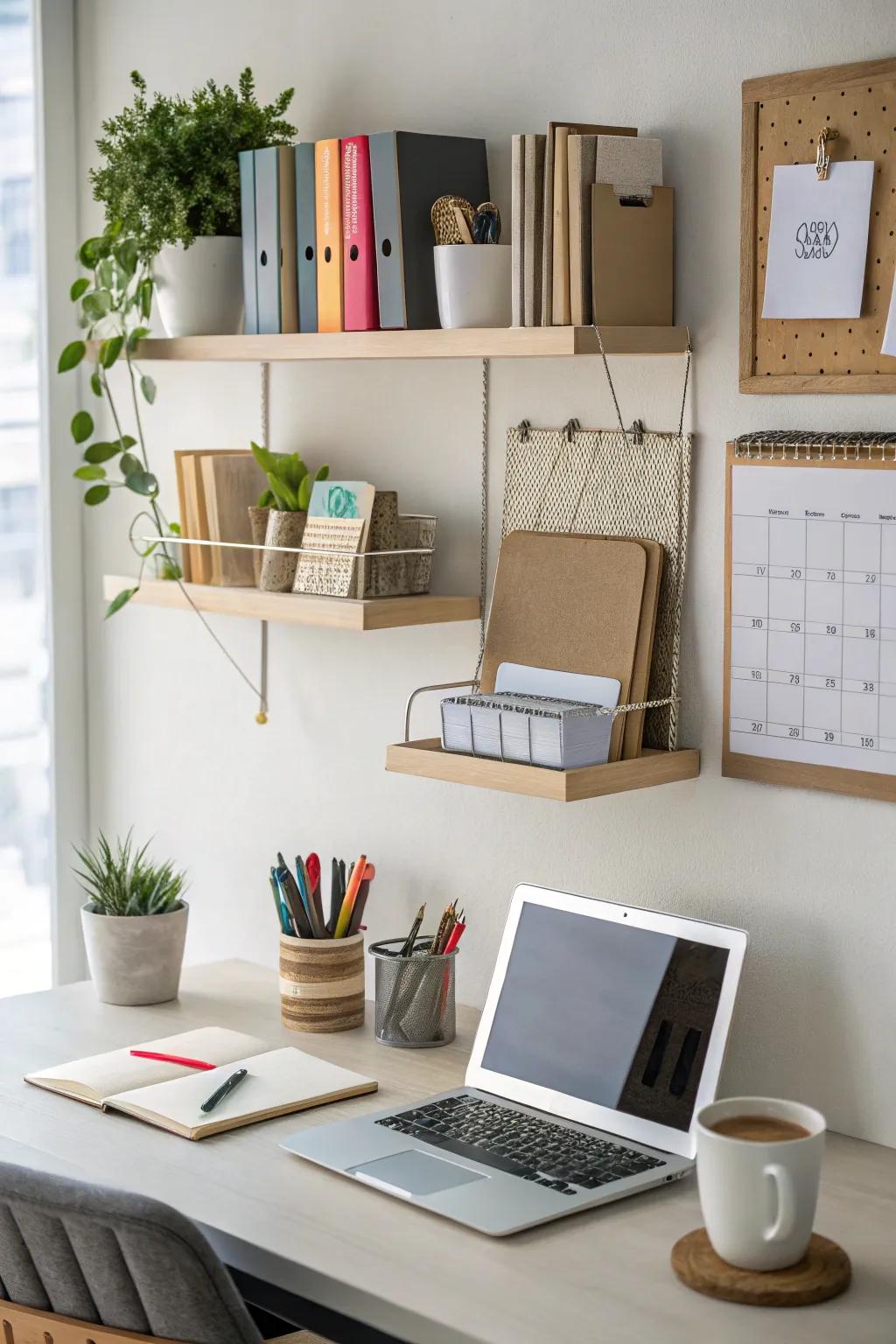 Keep your workspace organized with office supplies neatly arranged on floating shelves.