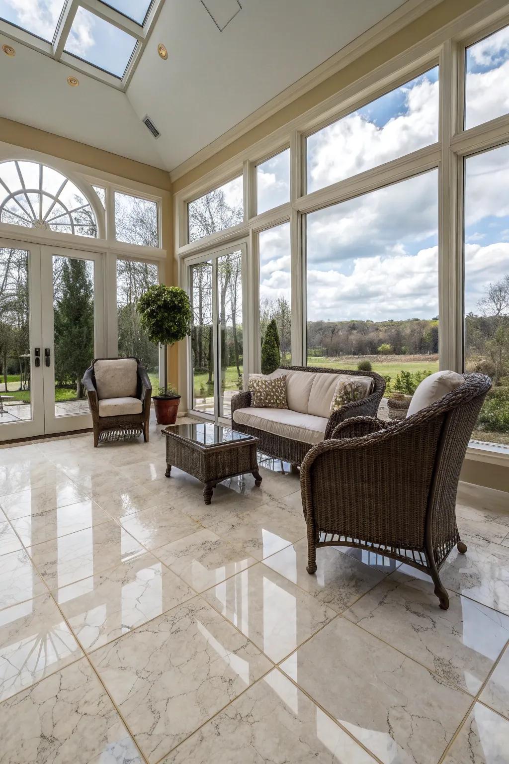 Luxurious sunroom with porcelain tile flooring.