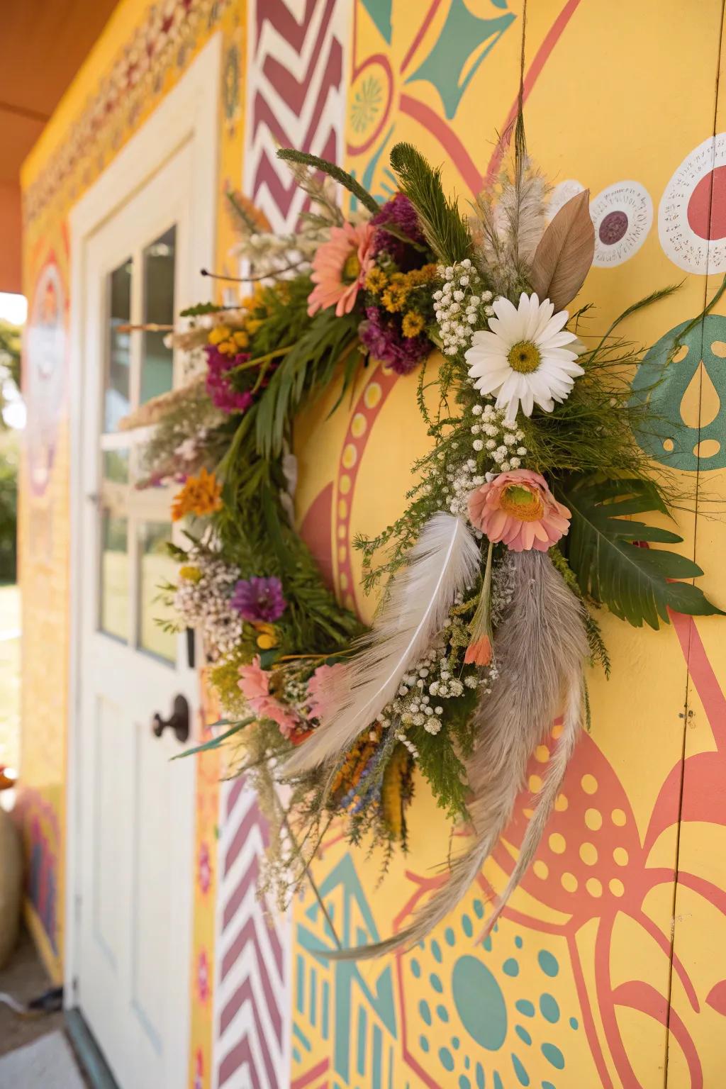 Boho spirit with a feather and wildflower wreath.